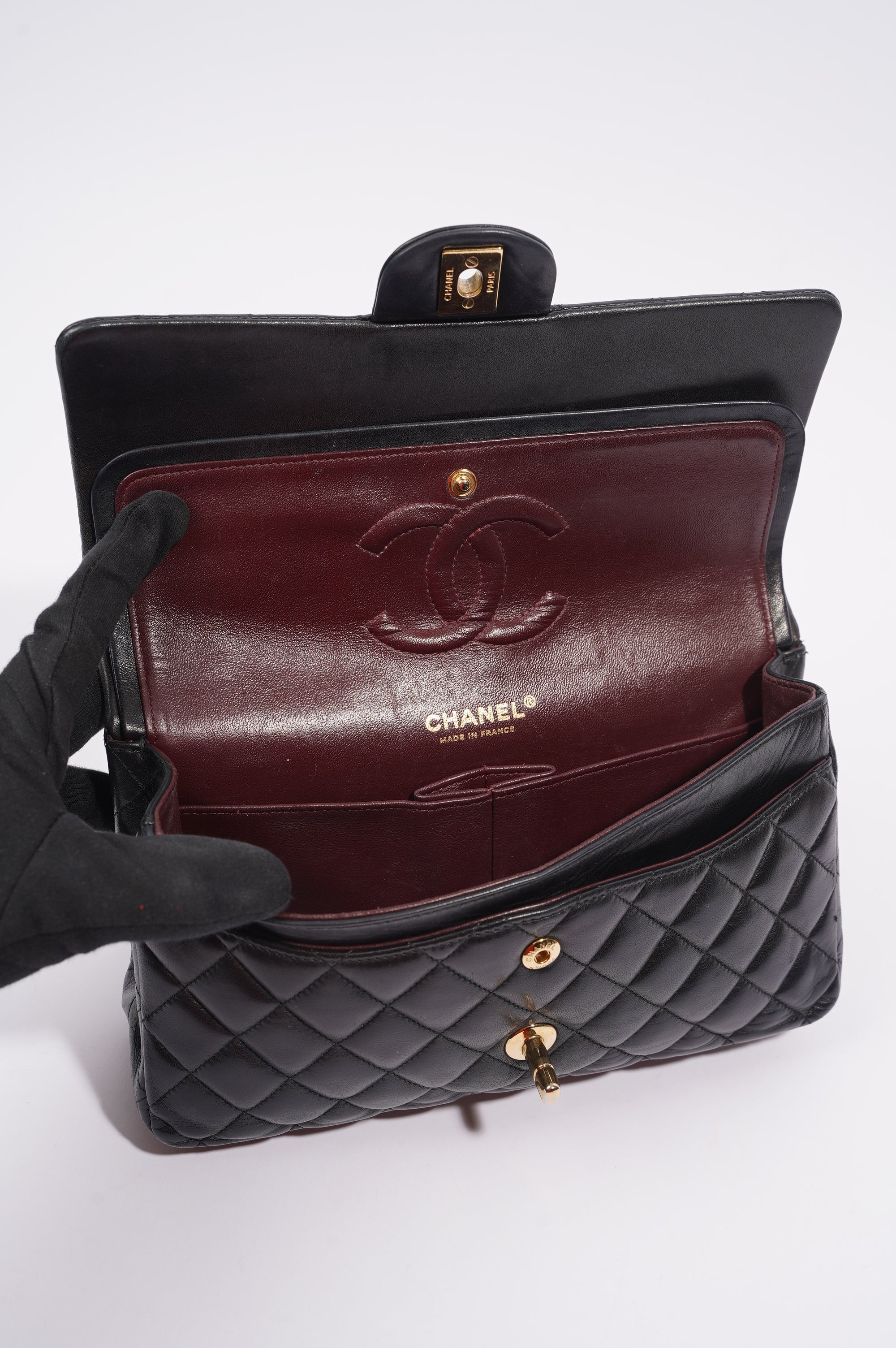 Chanel Womens Classic Lambskin Flap Black Medium