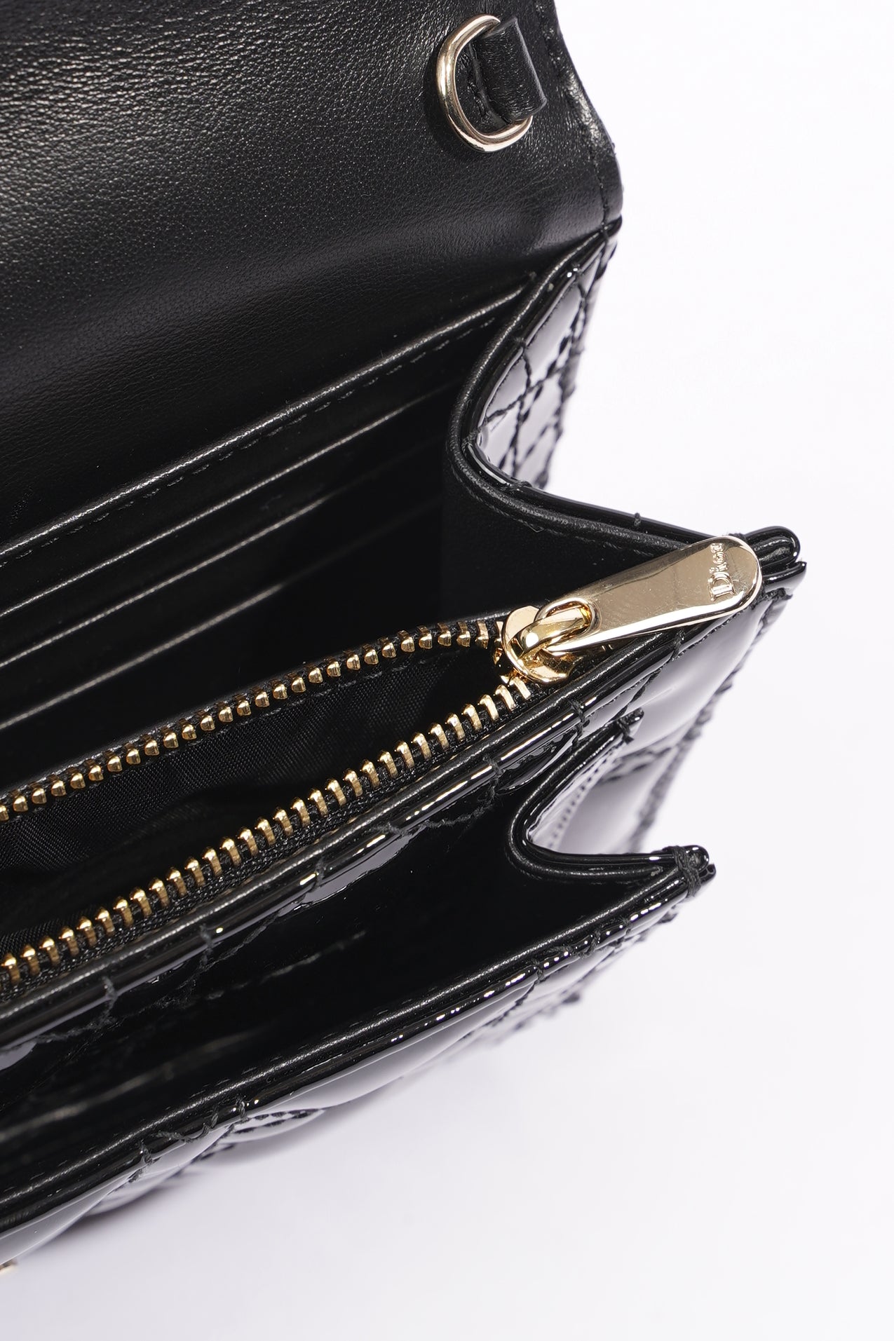 Christian Dior Womens Chain Pouch Cannage Patent Black