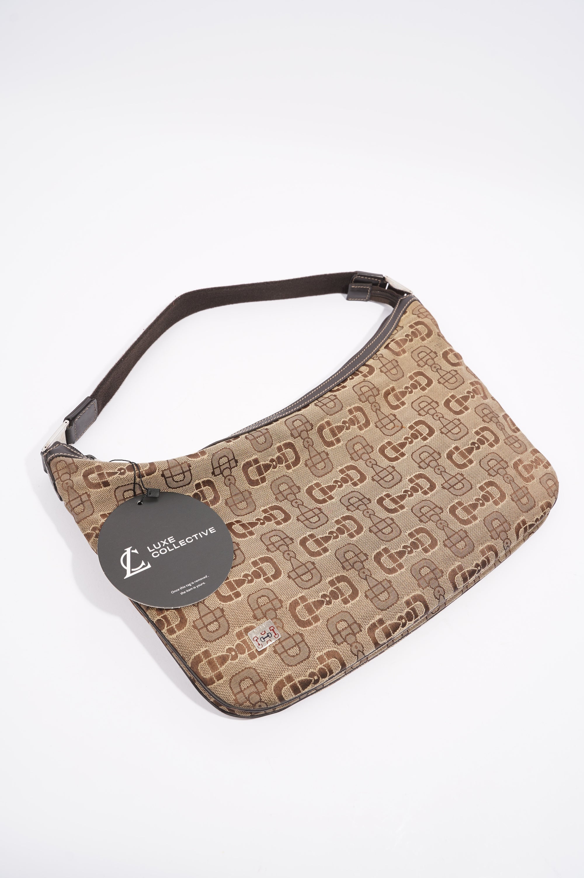 Gucci Womens Vintage Horsebit Canvas Shoulder Bag Brown Small
