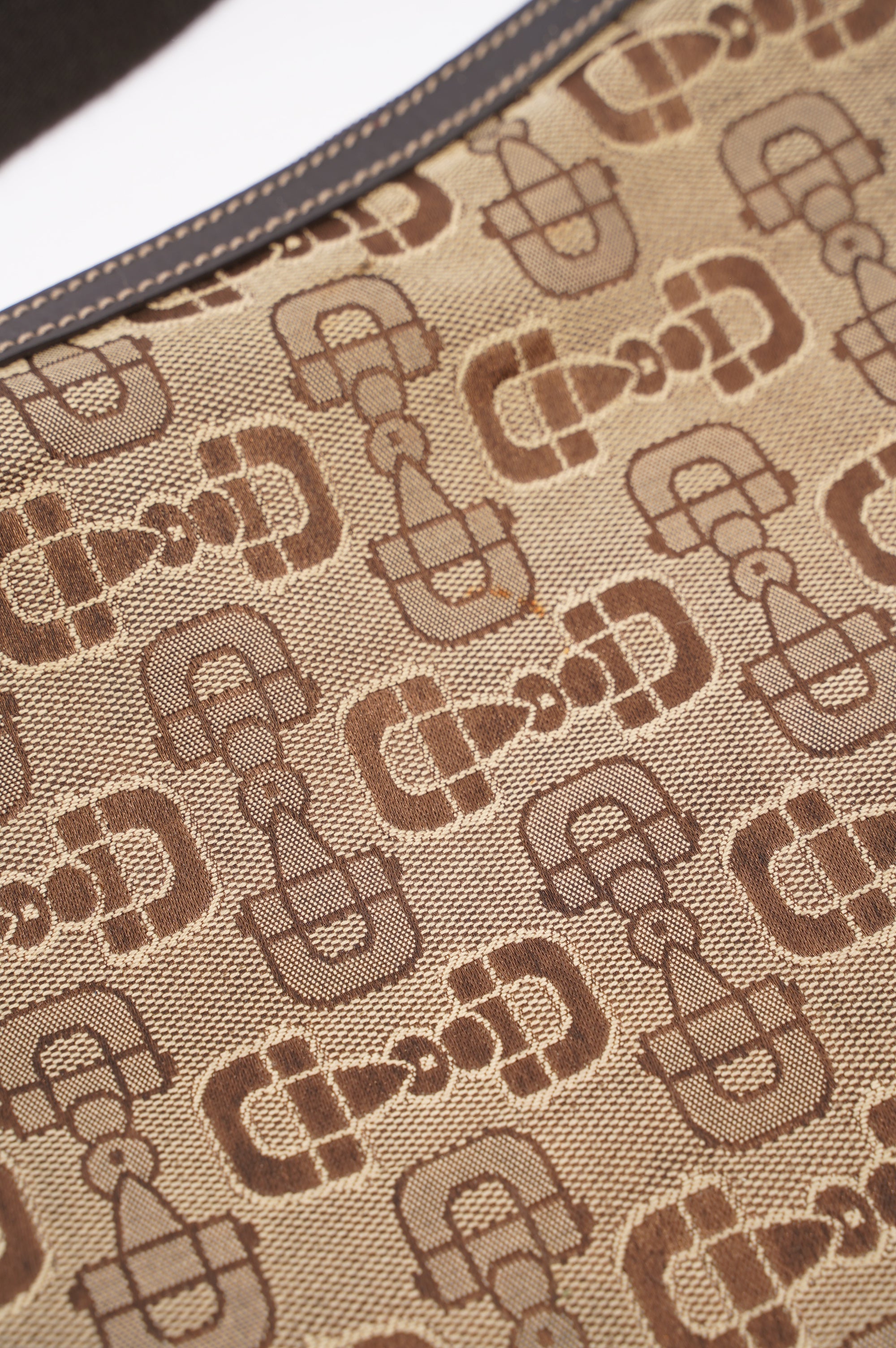 Gucci Womens Vintage Horsebit Canvas Shoulder Bag Brown Small