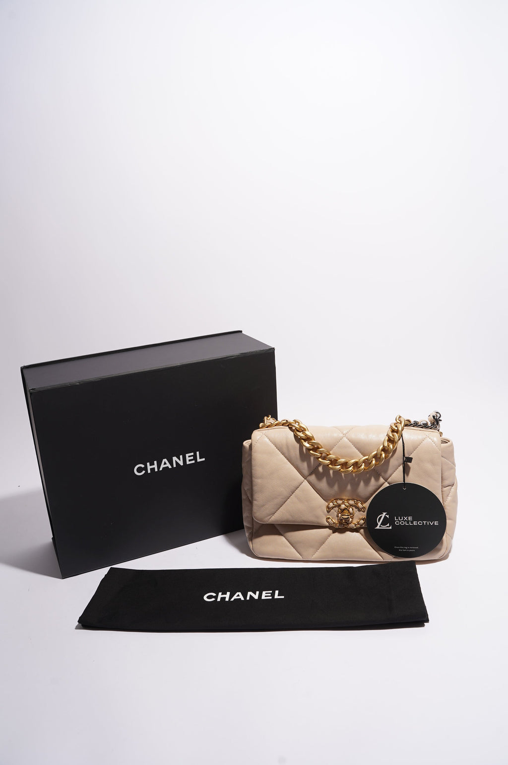 Chanel Womens 19 Flap Bag Beige Lambskin Small