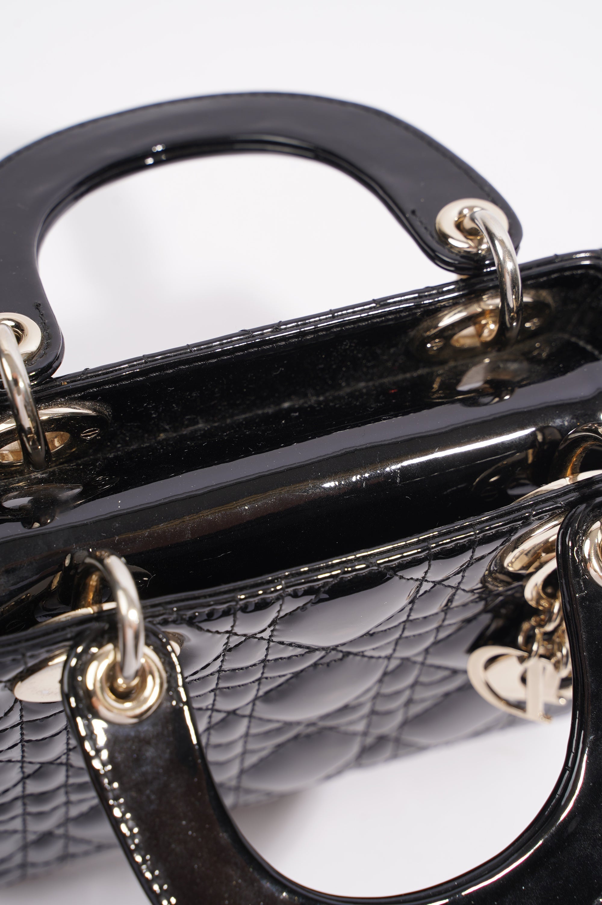 Christian Dior Womens Lady Dior Cannage Bag Black Patent Leather Mini