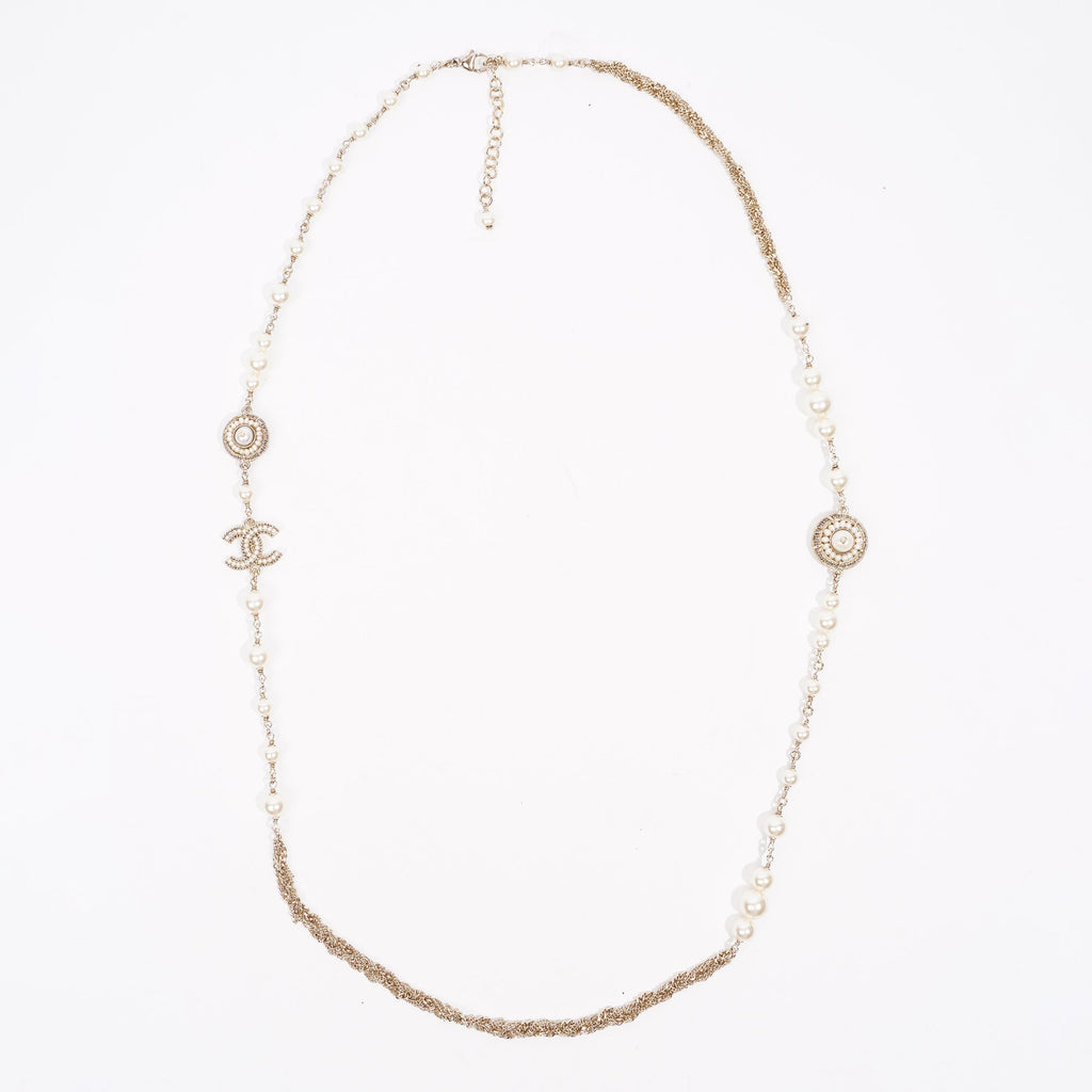 Chanel Womens Long Pearl CC Necklace Silver OS