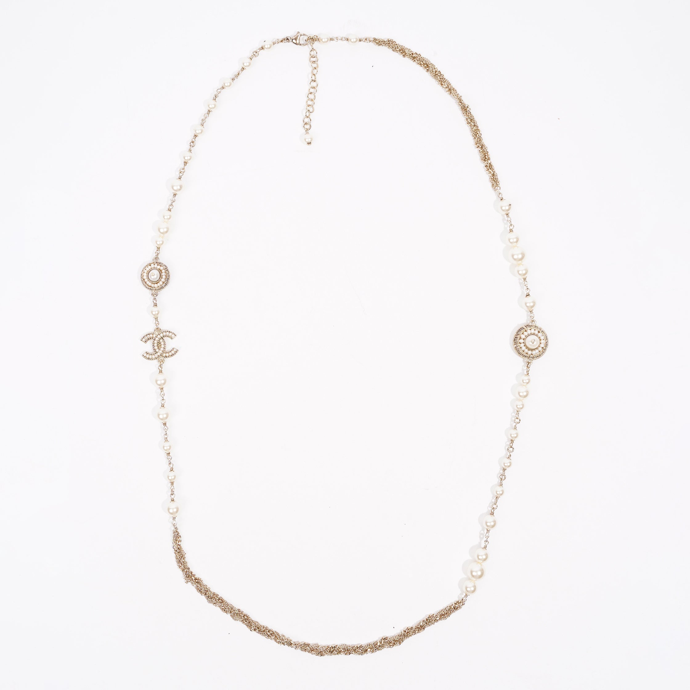Chanel Womens Long Pearl CC Necklace Silver OS
