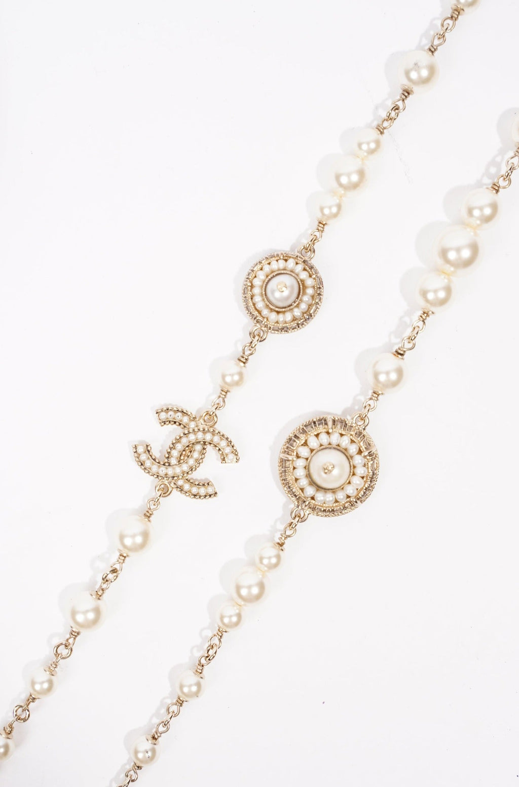 Chanel Womens Long Pearl CC Necklace Silver OS