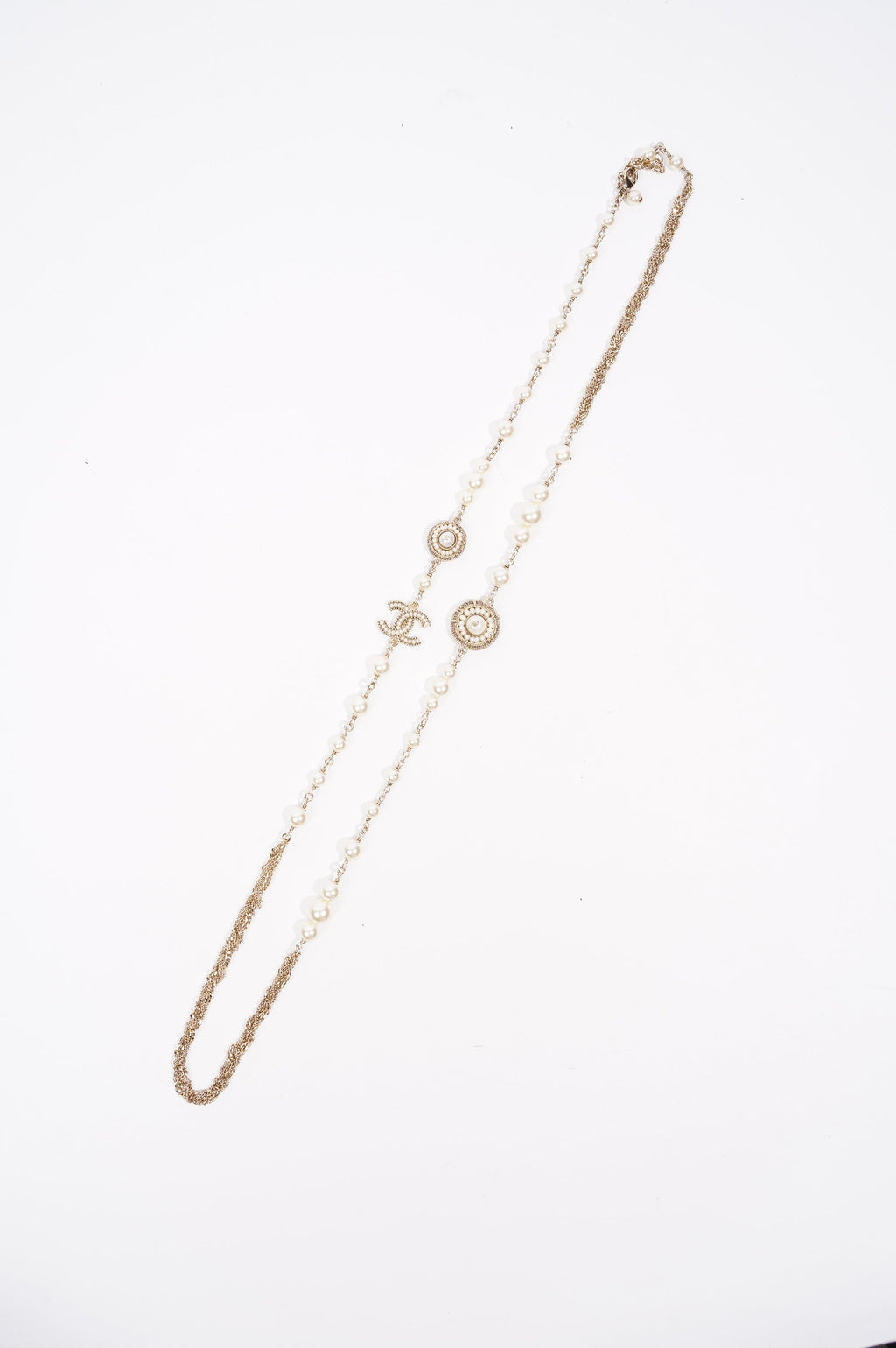 Chanel Womens Long Pearl CC Necklace Silver OS