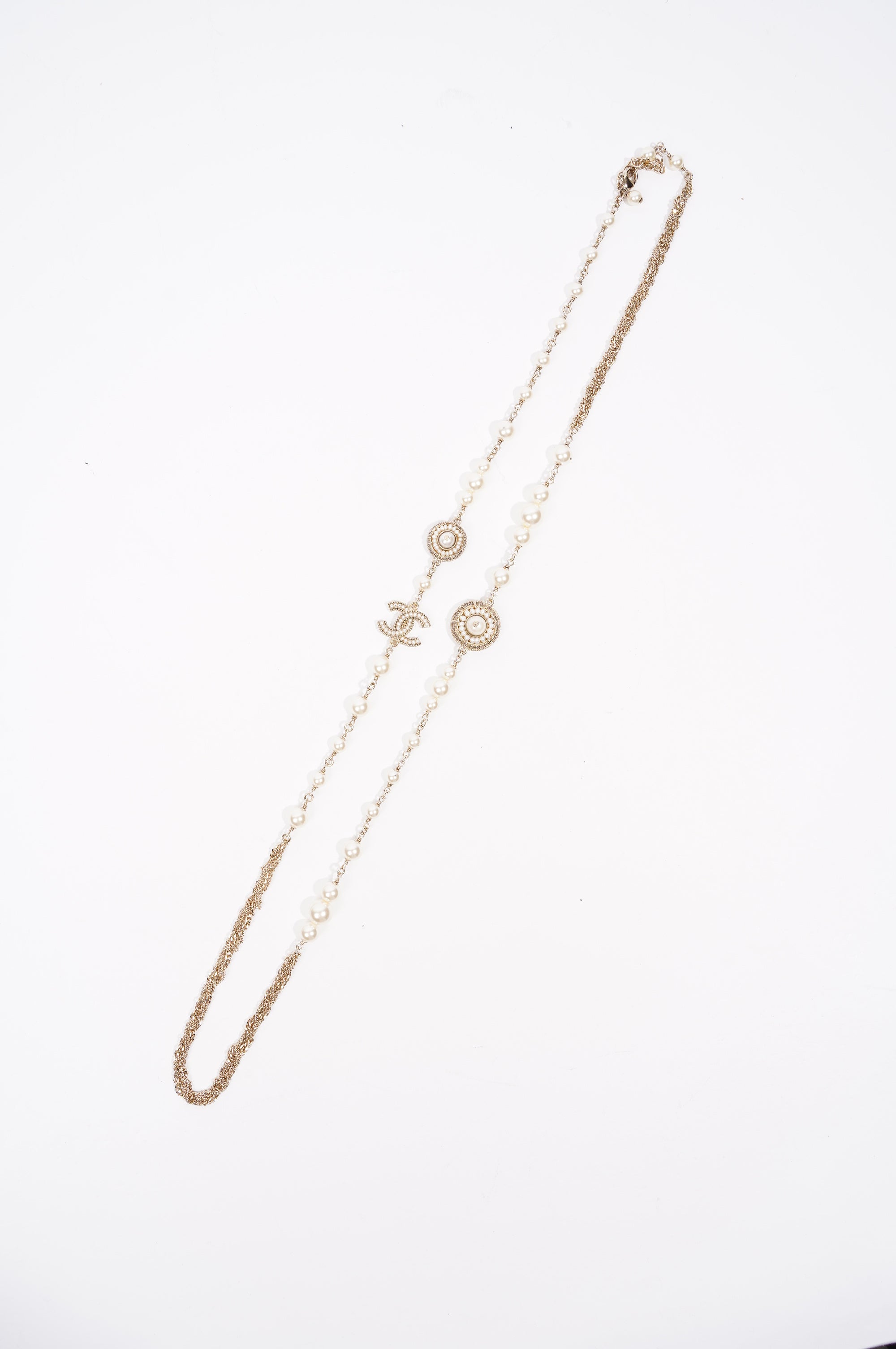 Chanel Womens Long Pearl CC Necklace Silver OS