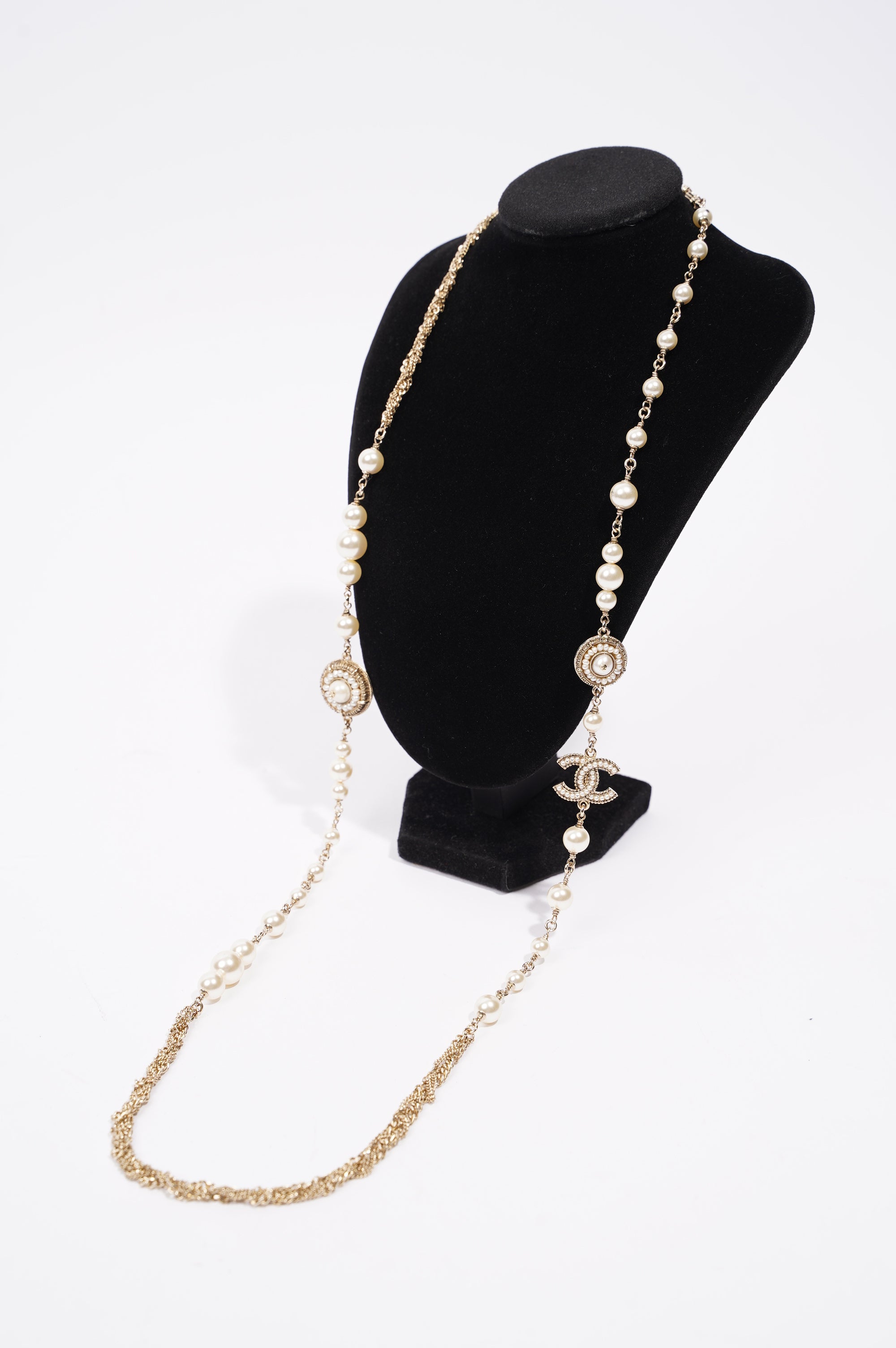 Chanel Womens Long Pearl CC Necklace Silver OS