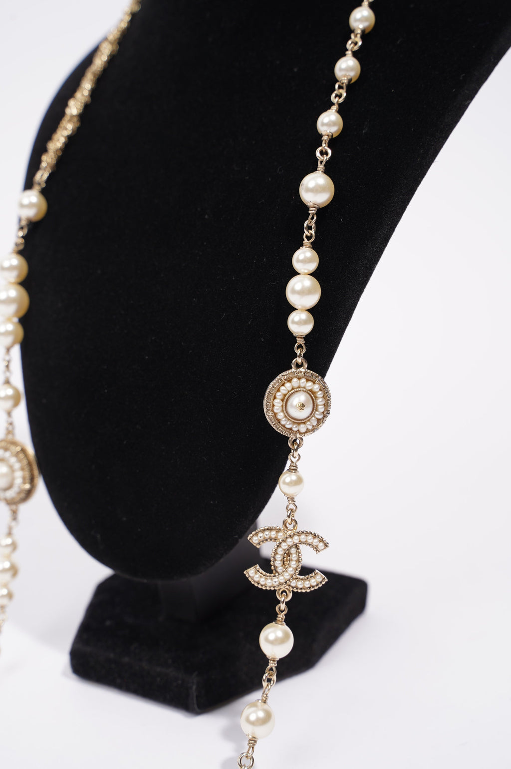 Chanel Womens Long Pearl CC Necklace Silver OS
