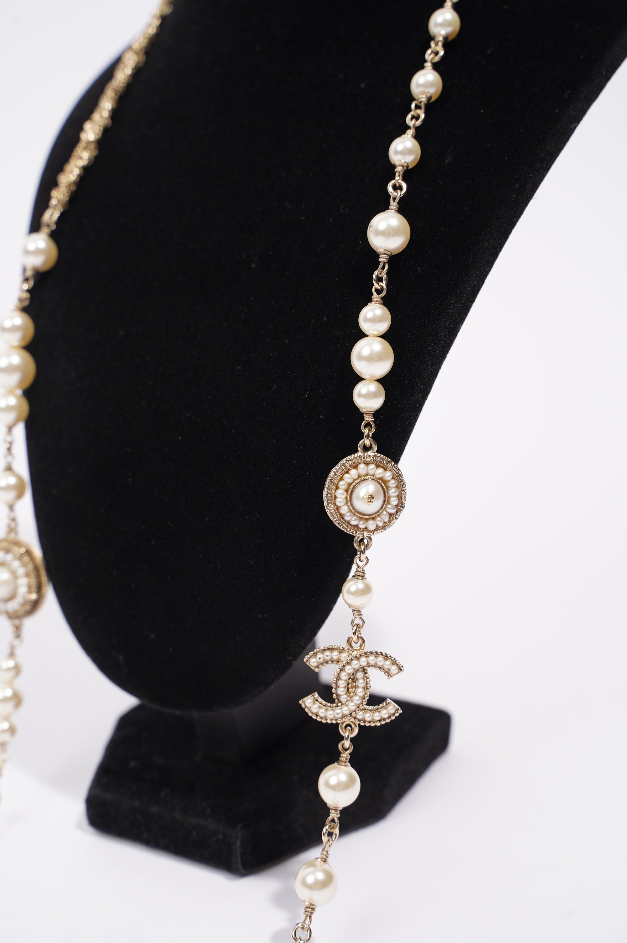 Chanel Womens Long Pearl CC Necklace Silver OS