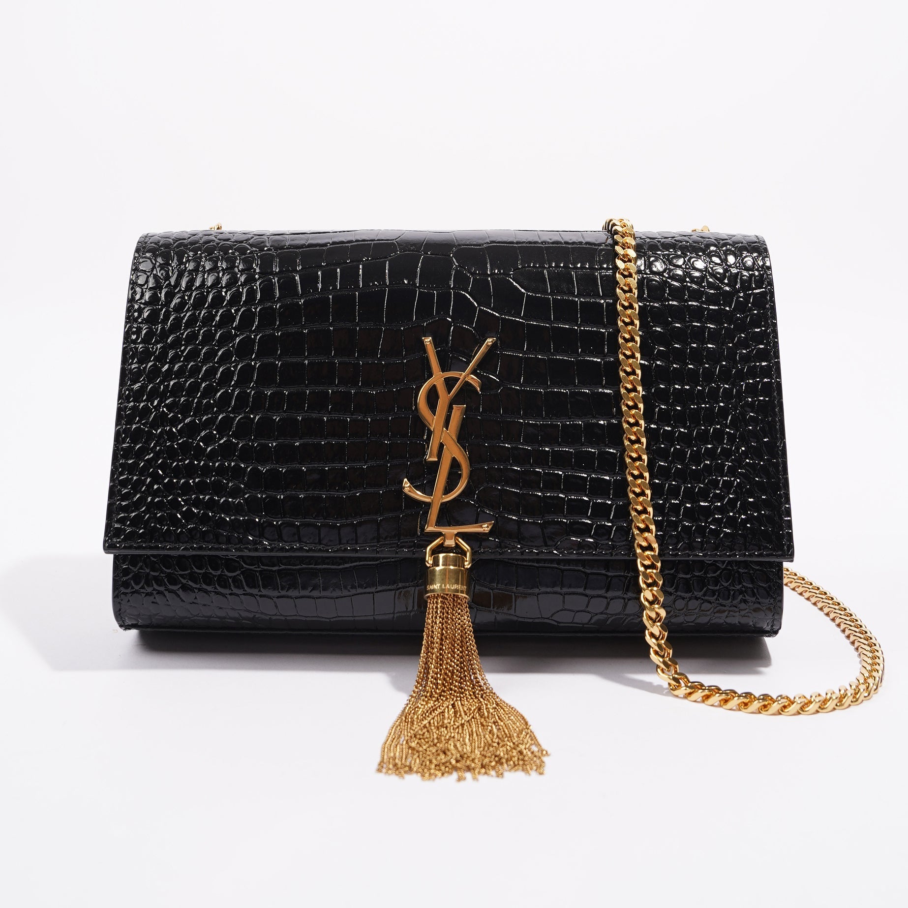 Saint Laurent Womens Kate Tassle Bag Black Croc / Gold Medium