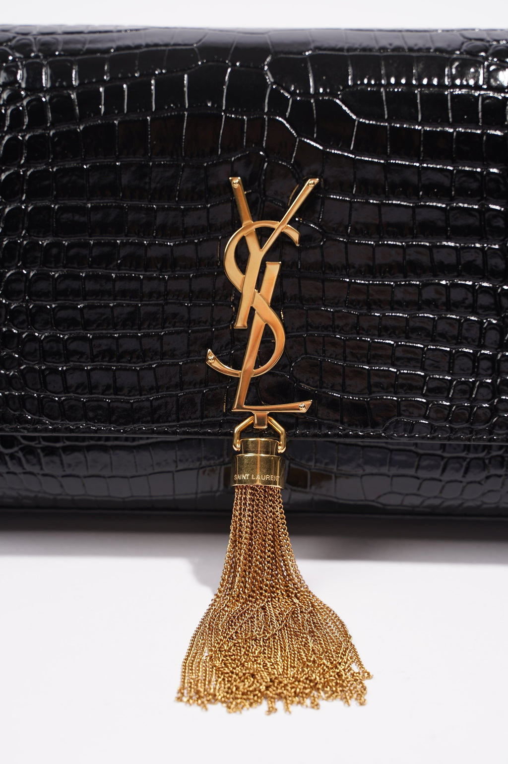 Saint Laurent Womens Kate Tassle Bag Black Croc / Gold Medium