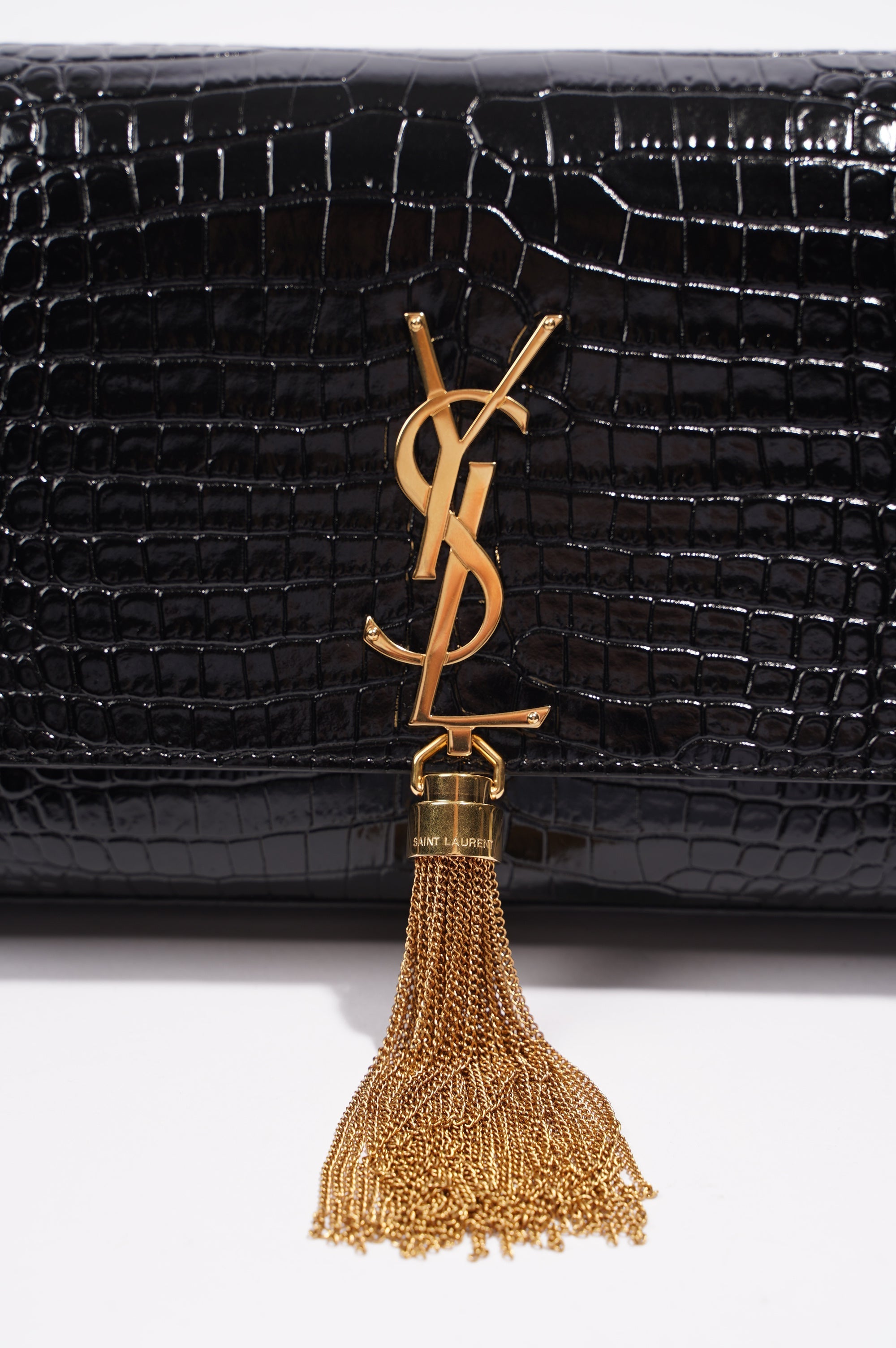 Saint Laurent Womens Kate Tassle Bag Black Croc / Gold Medium