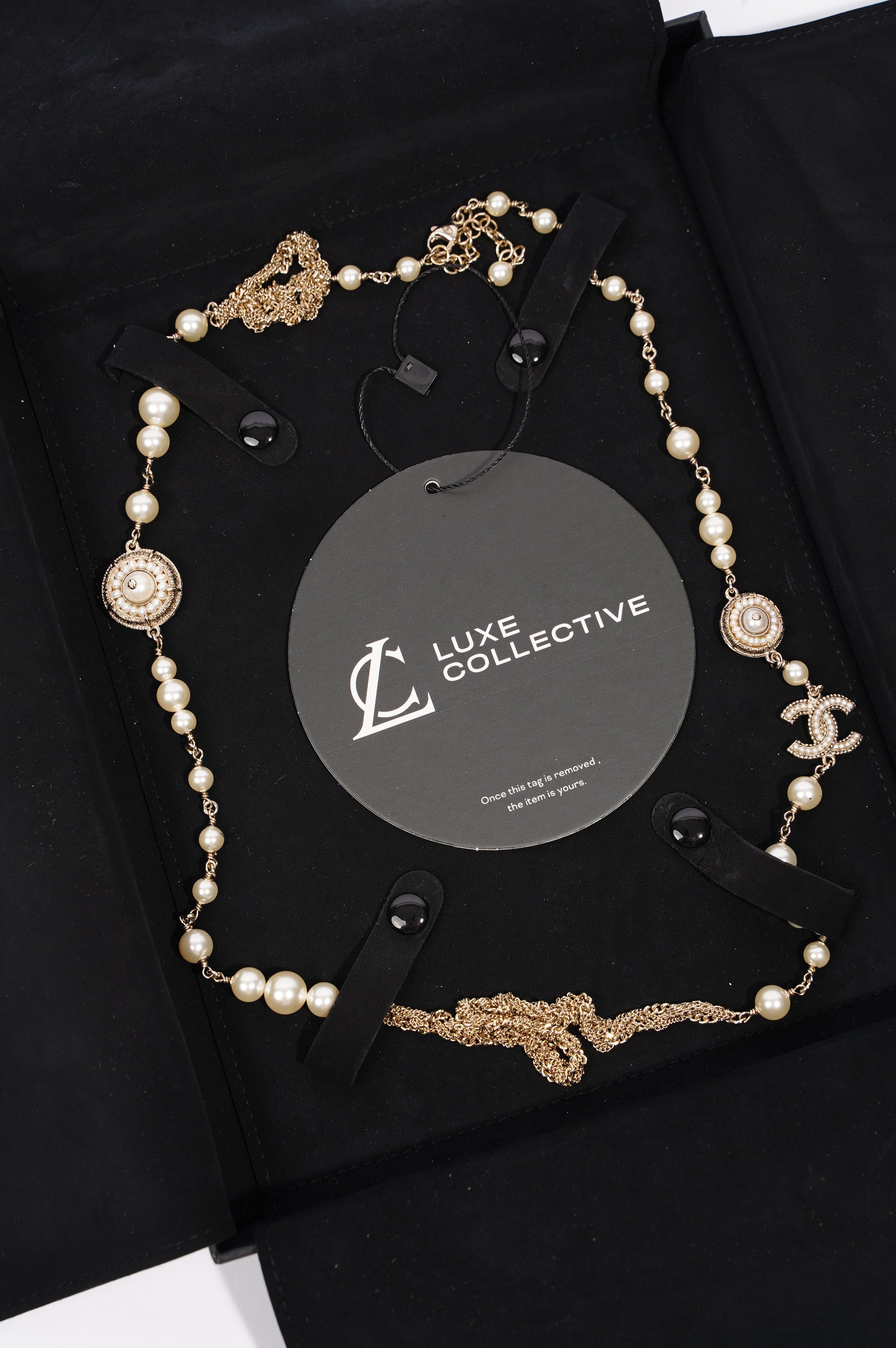 Chanel Womens Long Pearl CC Necklace Silver OS