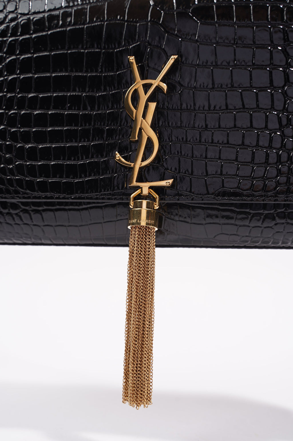 Saint Laurent Womens Kate Tassle Bag Black Croc / Gold Medium