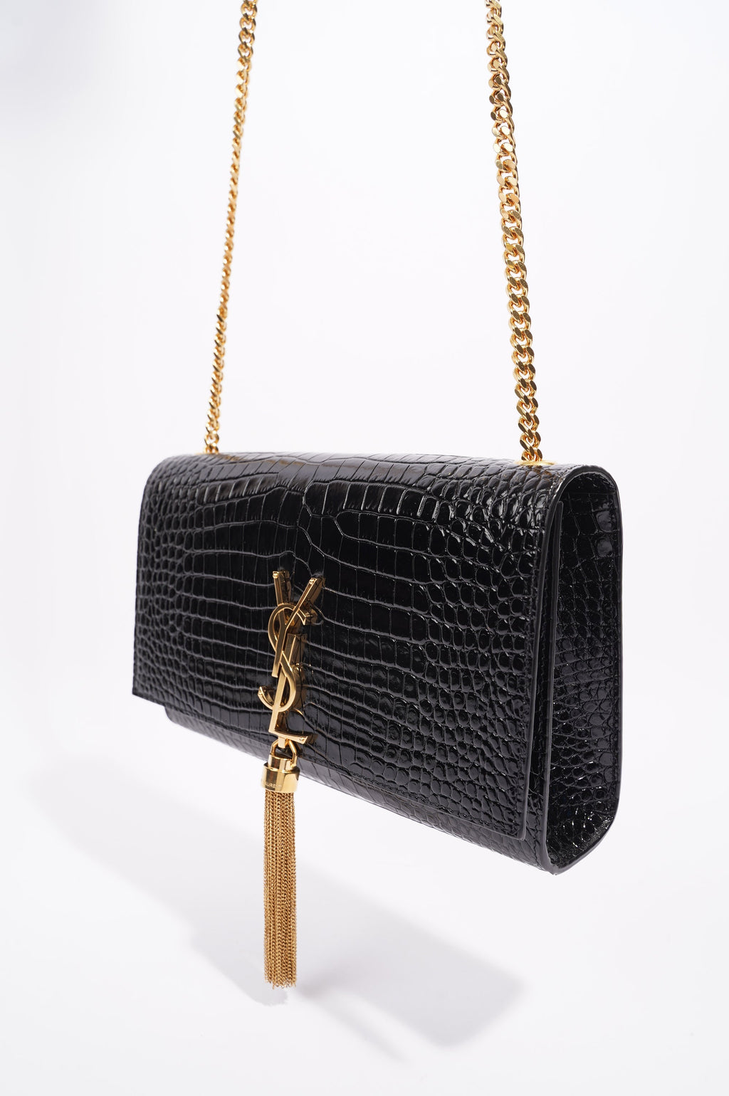 Saint Laurent Womens Kate Tassle Bag Black Croc / Gold Medium