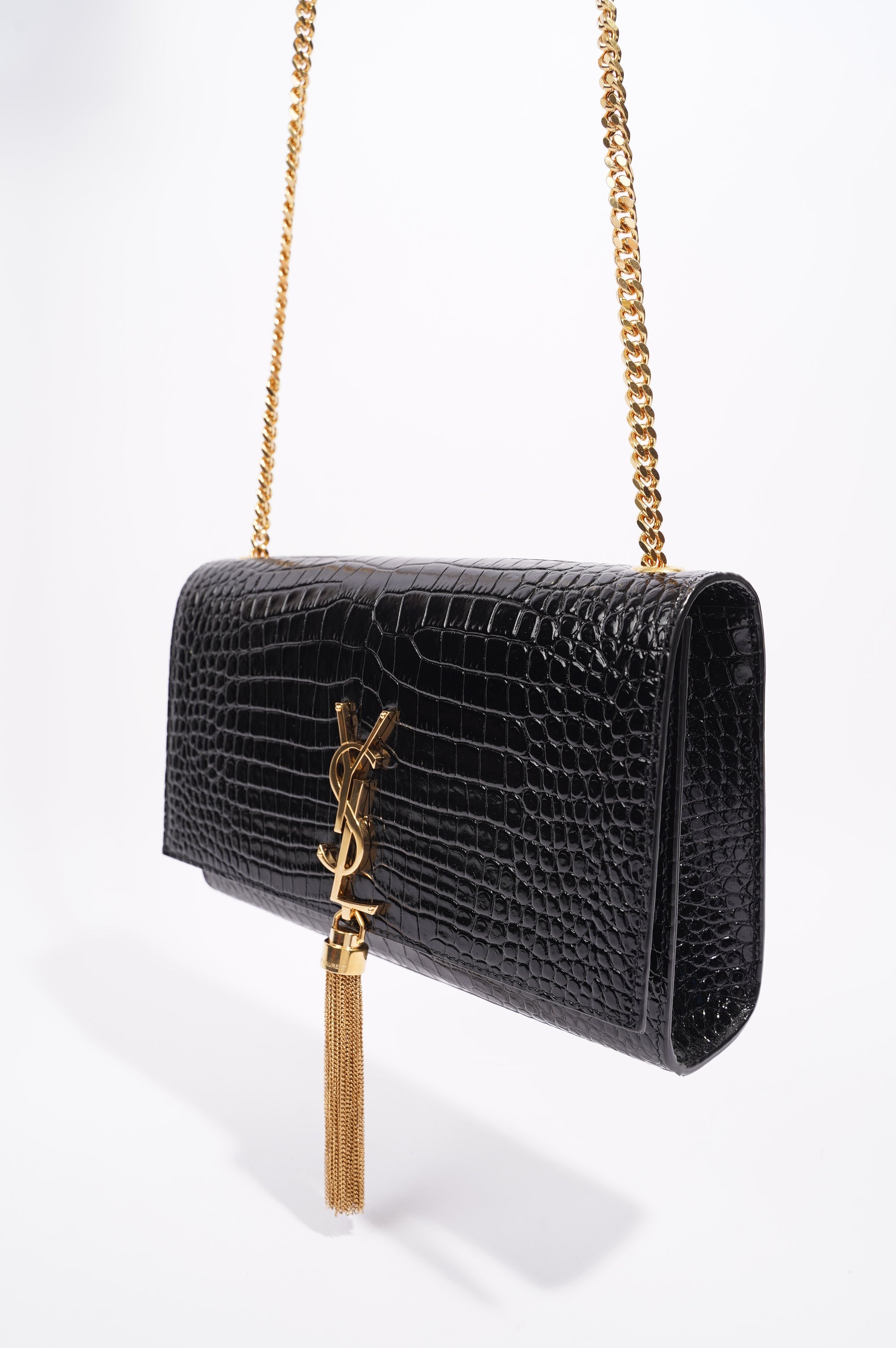 Saint Laurent Womens Kate Tassle Bag Black Croc / Gold Medium
