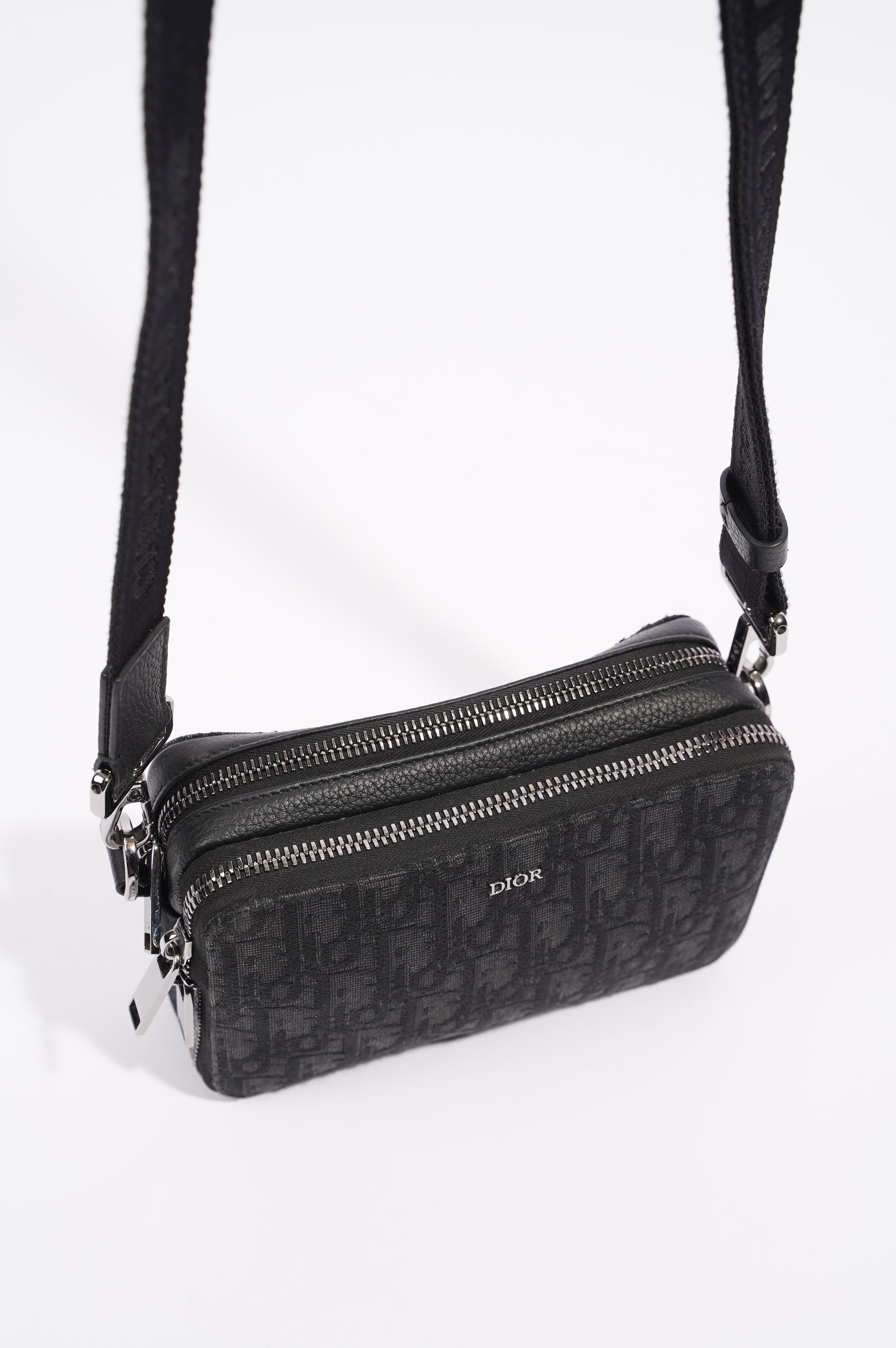 Christian Dior Mens Double Zip Crossbody Black Oblique Canvas