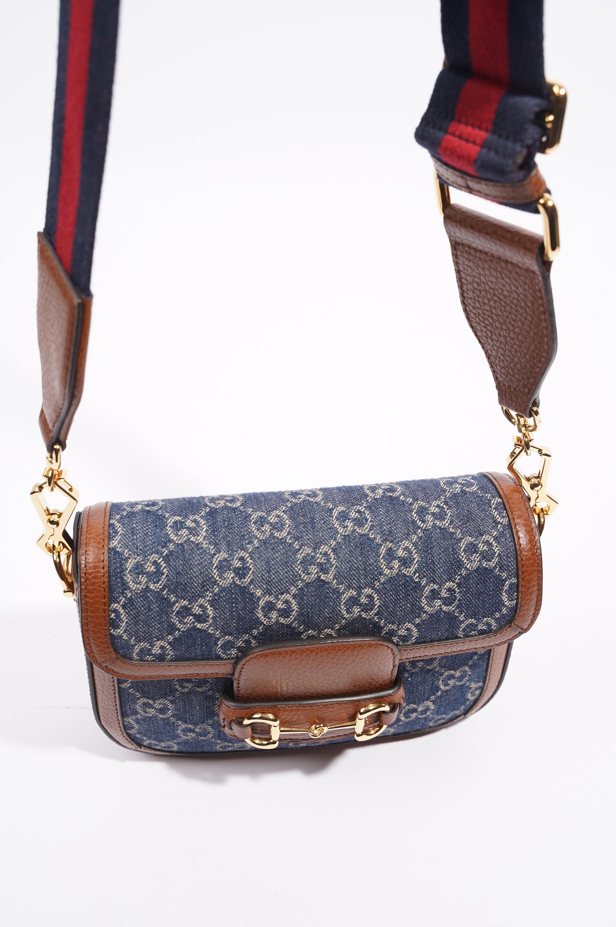 Gucci Womens Horsebit 1955 Mini Bag Denim / Brown