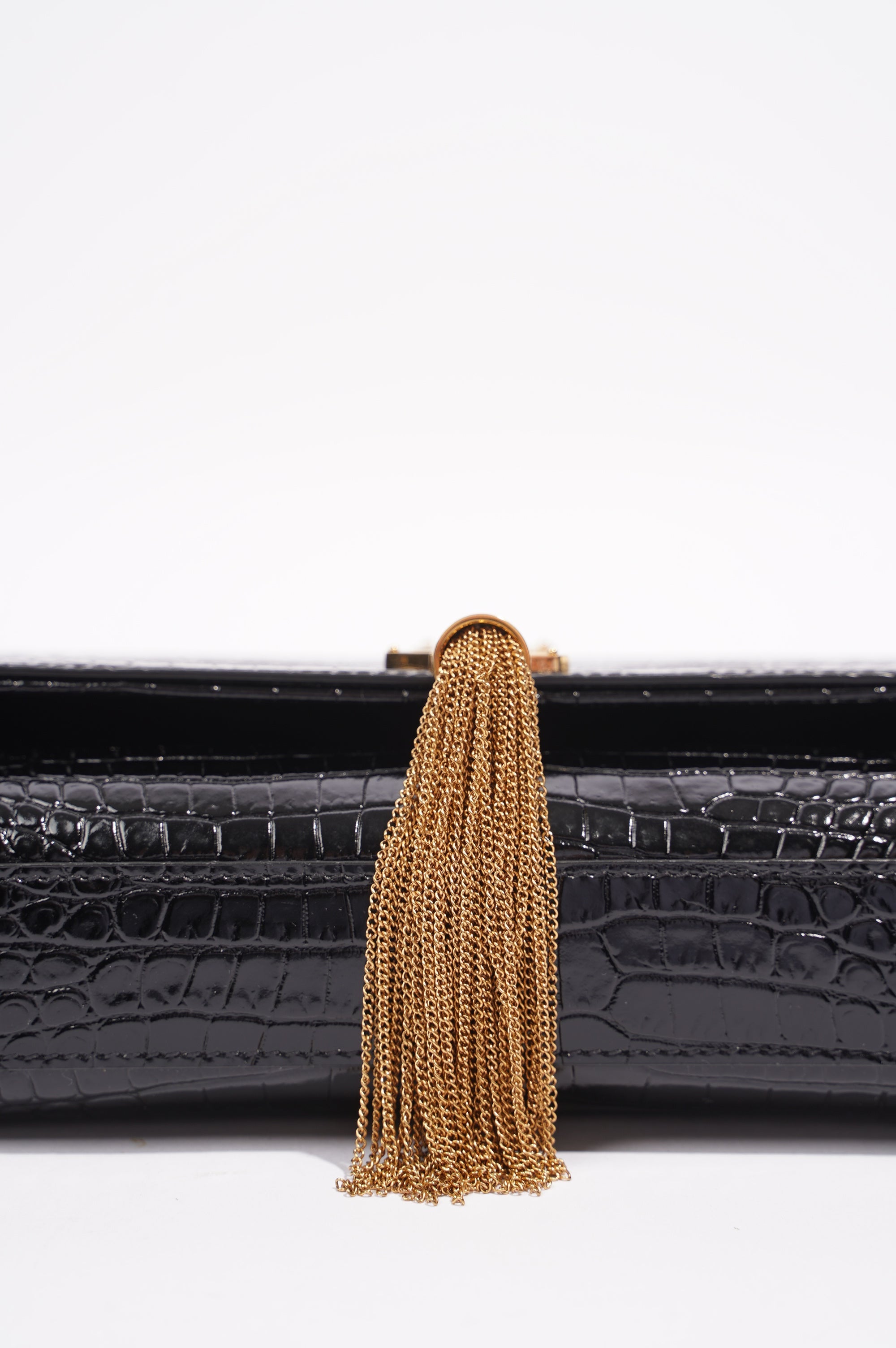 Saint Laurent Womens Kate Tassle Bag Black Croc / Gold Medium