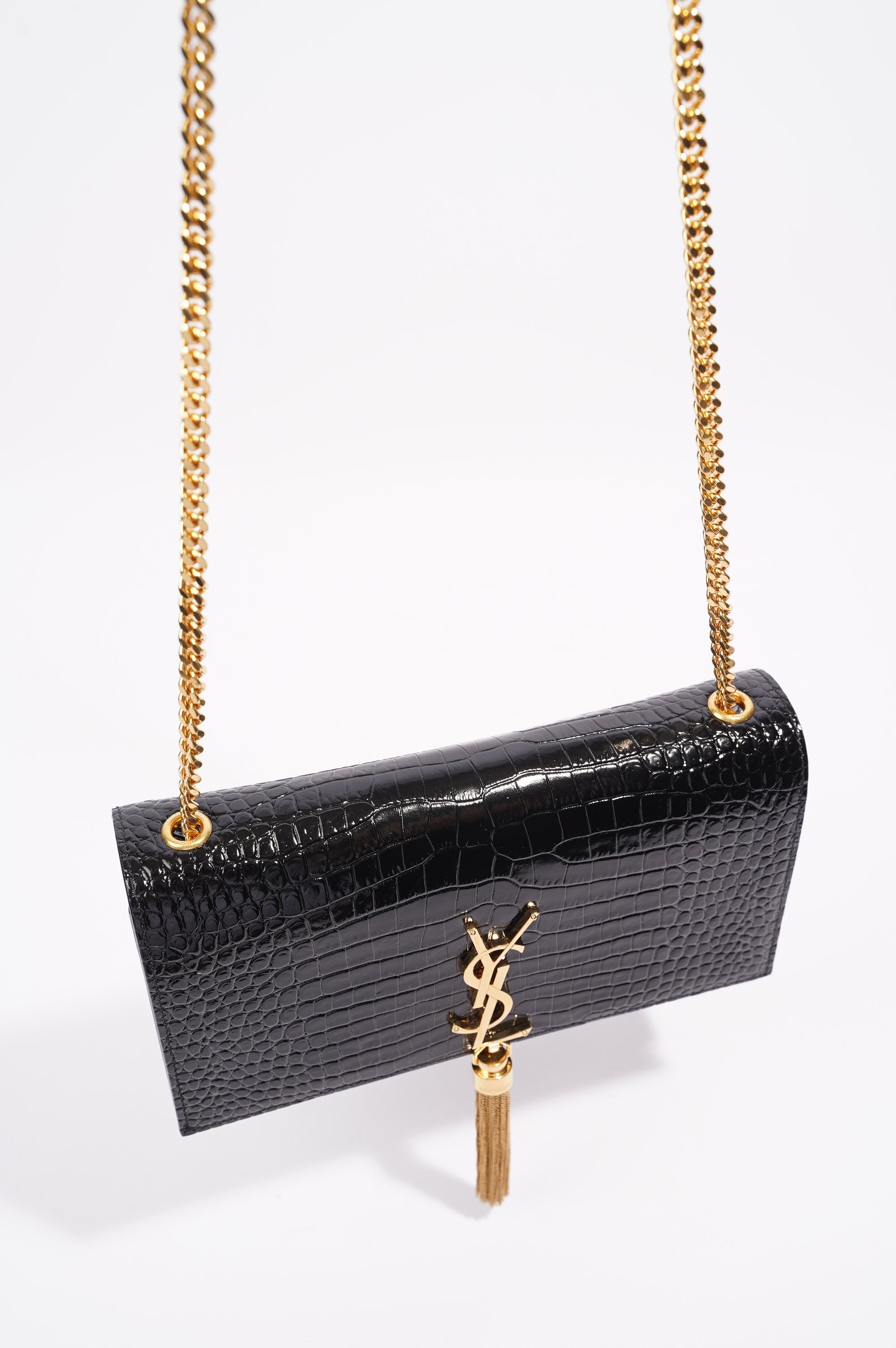 Saint Laurent Womens Kate Tassle Bag Black Croc / Gold Medium