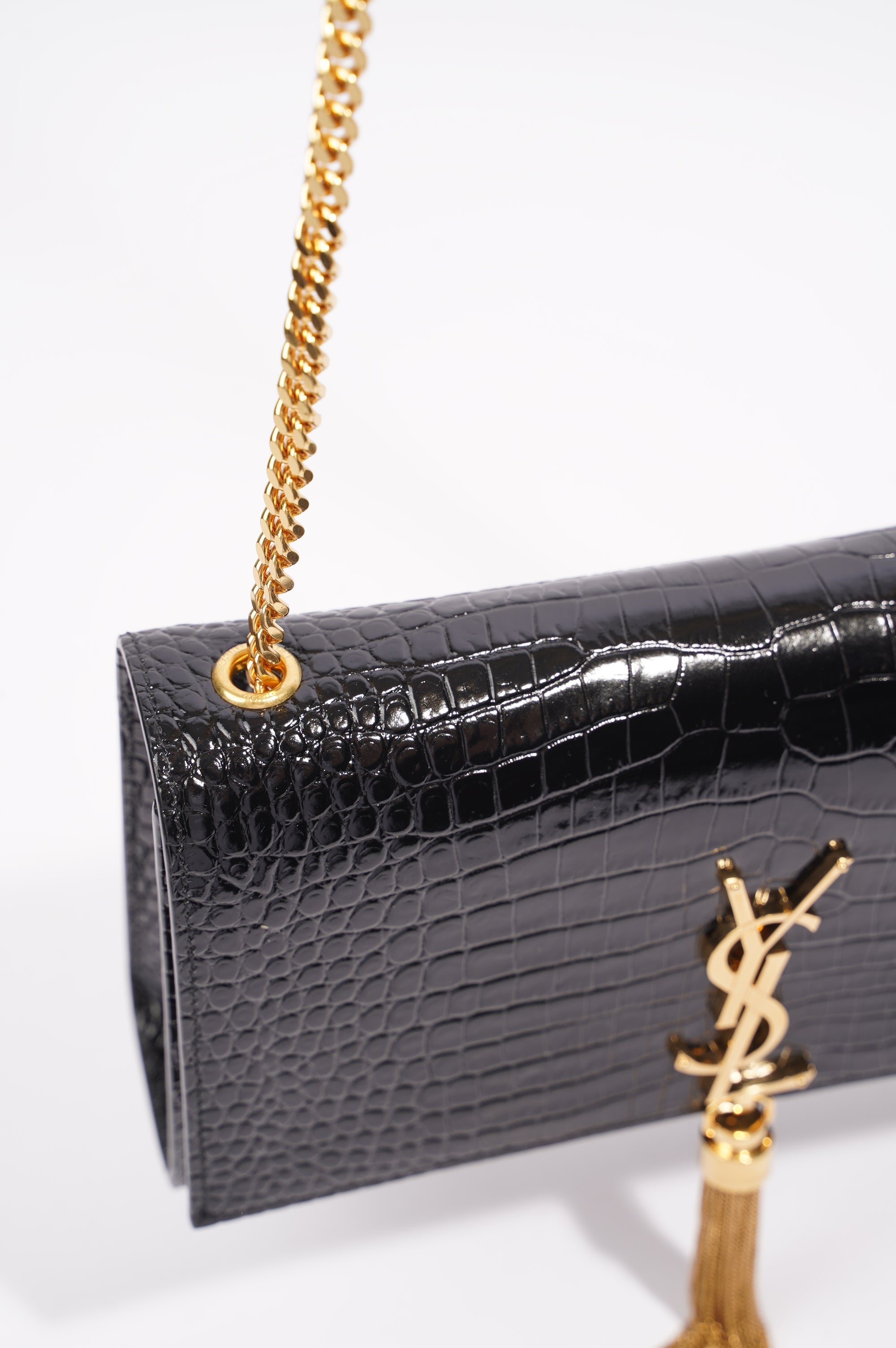 Saint Laurent Womens Kate Tassle Bag Black Croc / Gold Medium