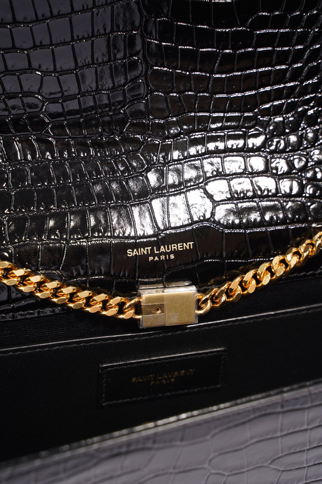 Saint Laurent Womens Kate Tassle Bag Black Croc / Gold Medium