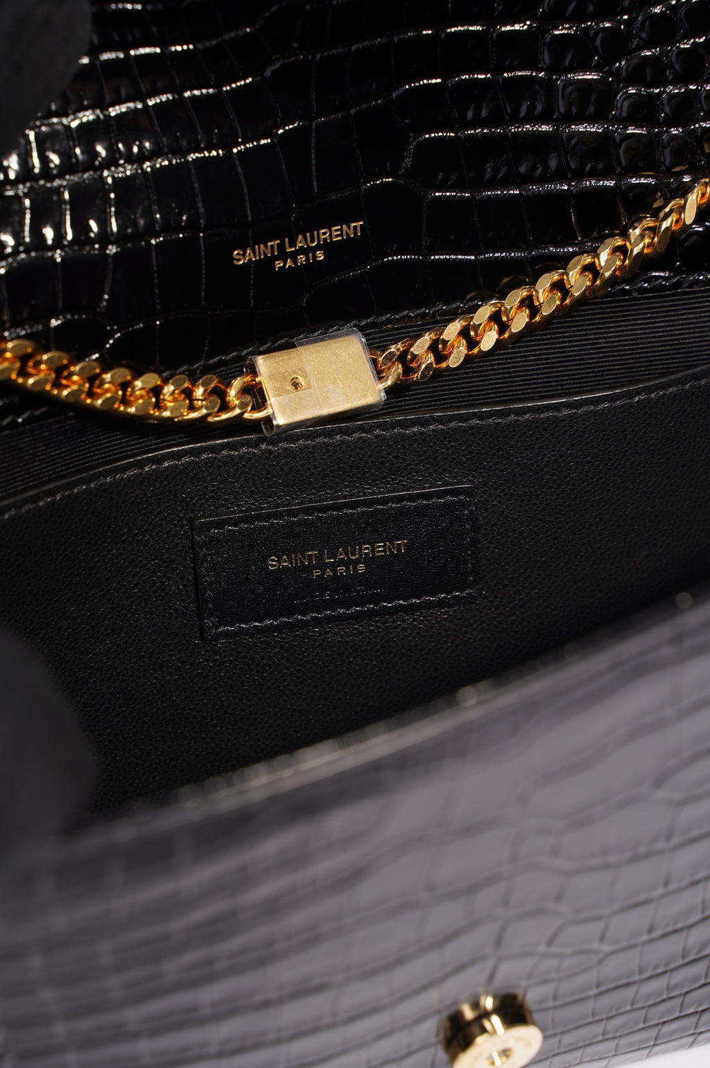 Saint Laurent Womens Kate Tassle Bag Black Croc / Gold Medium