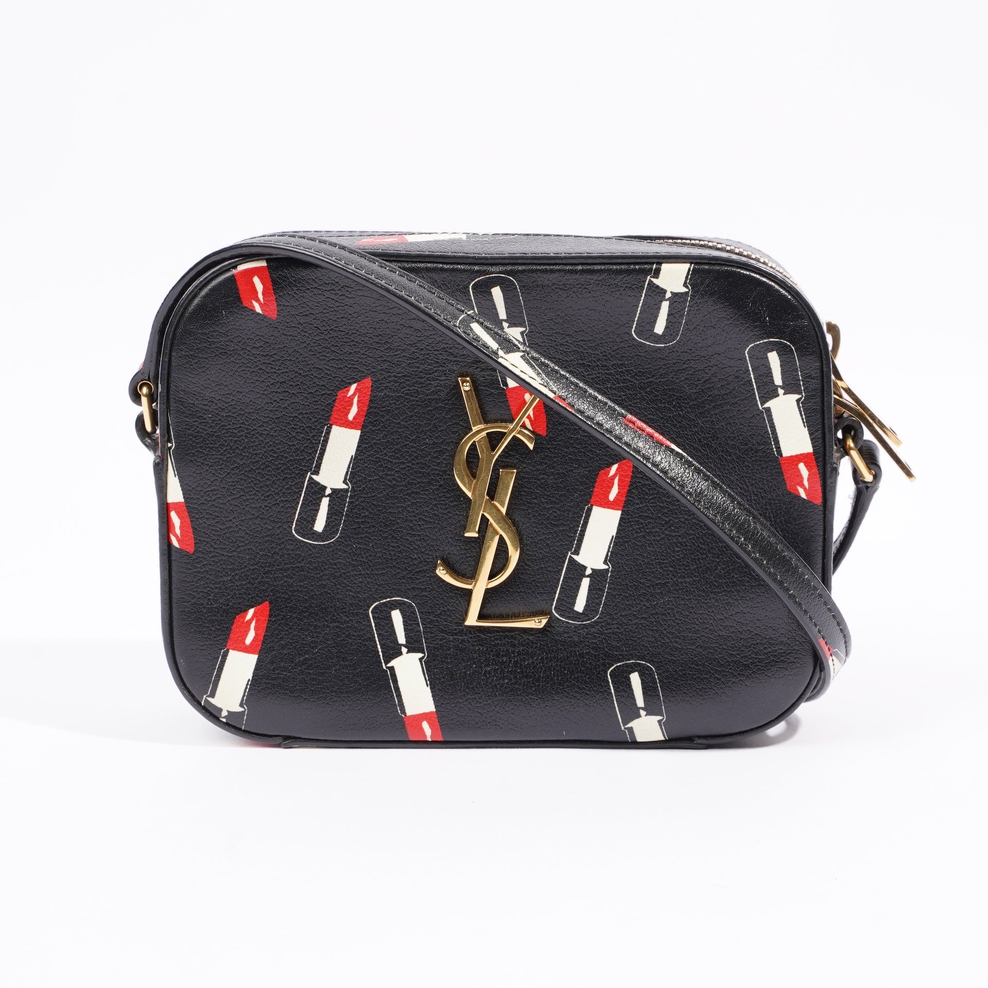 Saint Laurent Womens Lipstick Print Camera Bag Black Leather Small