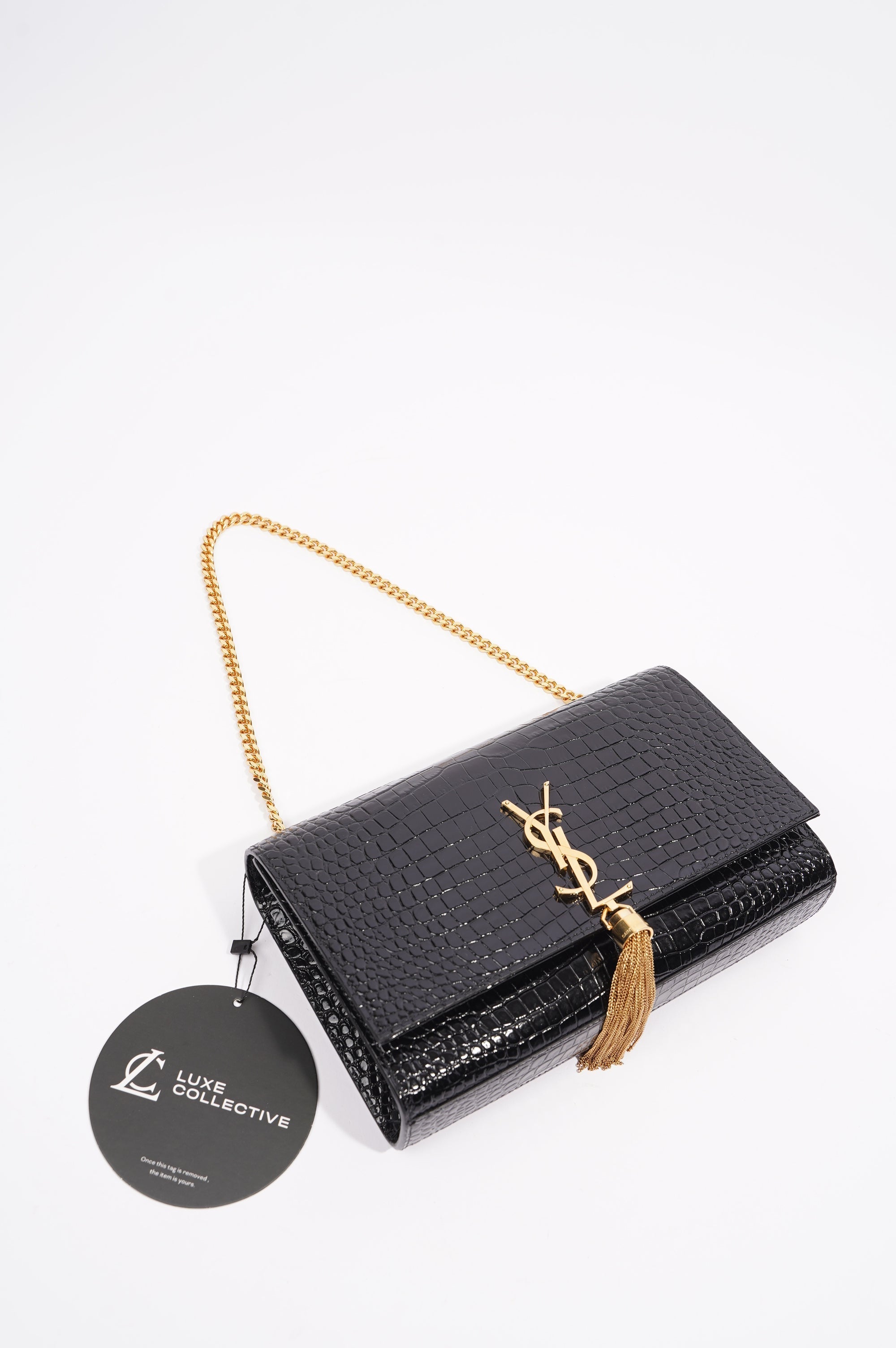 Saint Laurent Womens Kate Tassle Bag Black Croc / Gold Medium
