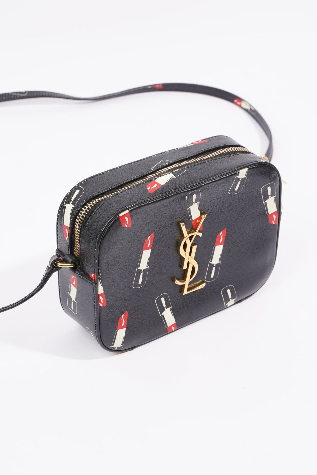 Saint Laurent Womens Lipstick Print Camera Bag Black Leather Small