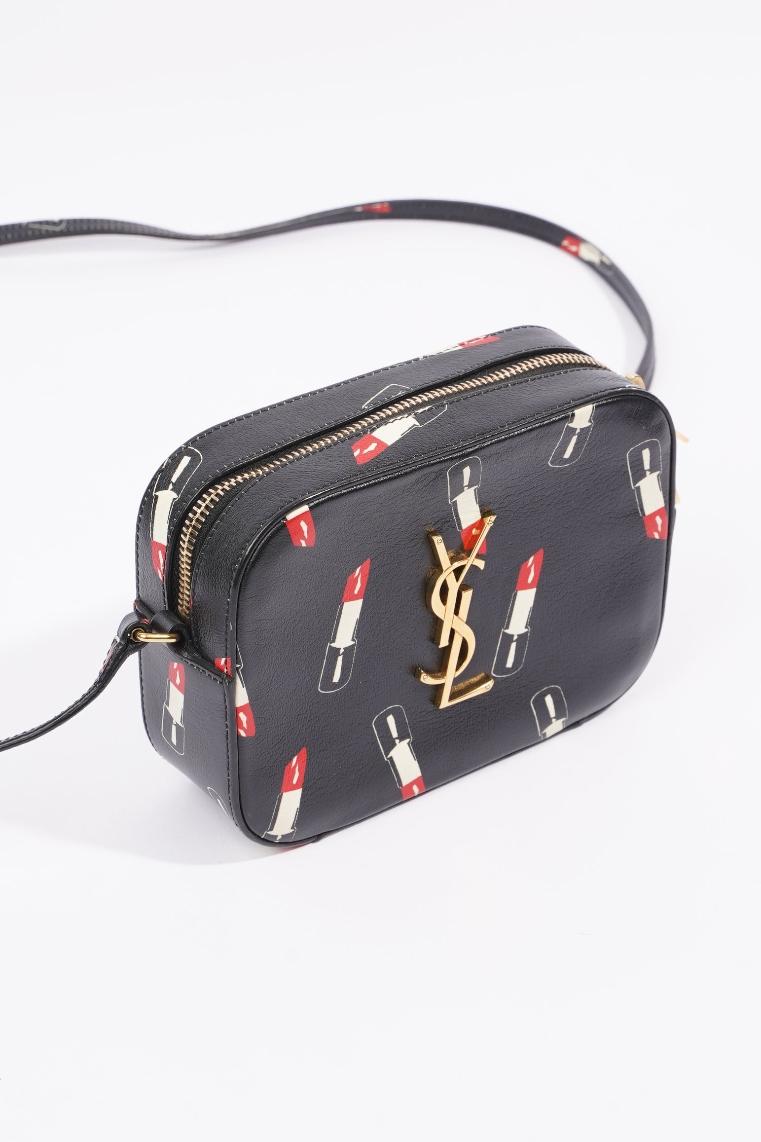 Saint Laurent Womens Lipstick Print Camera Bag Black Leather Small