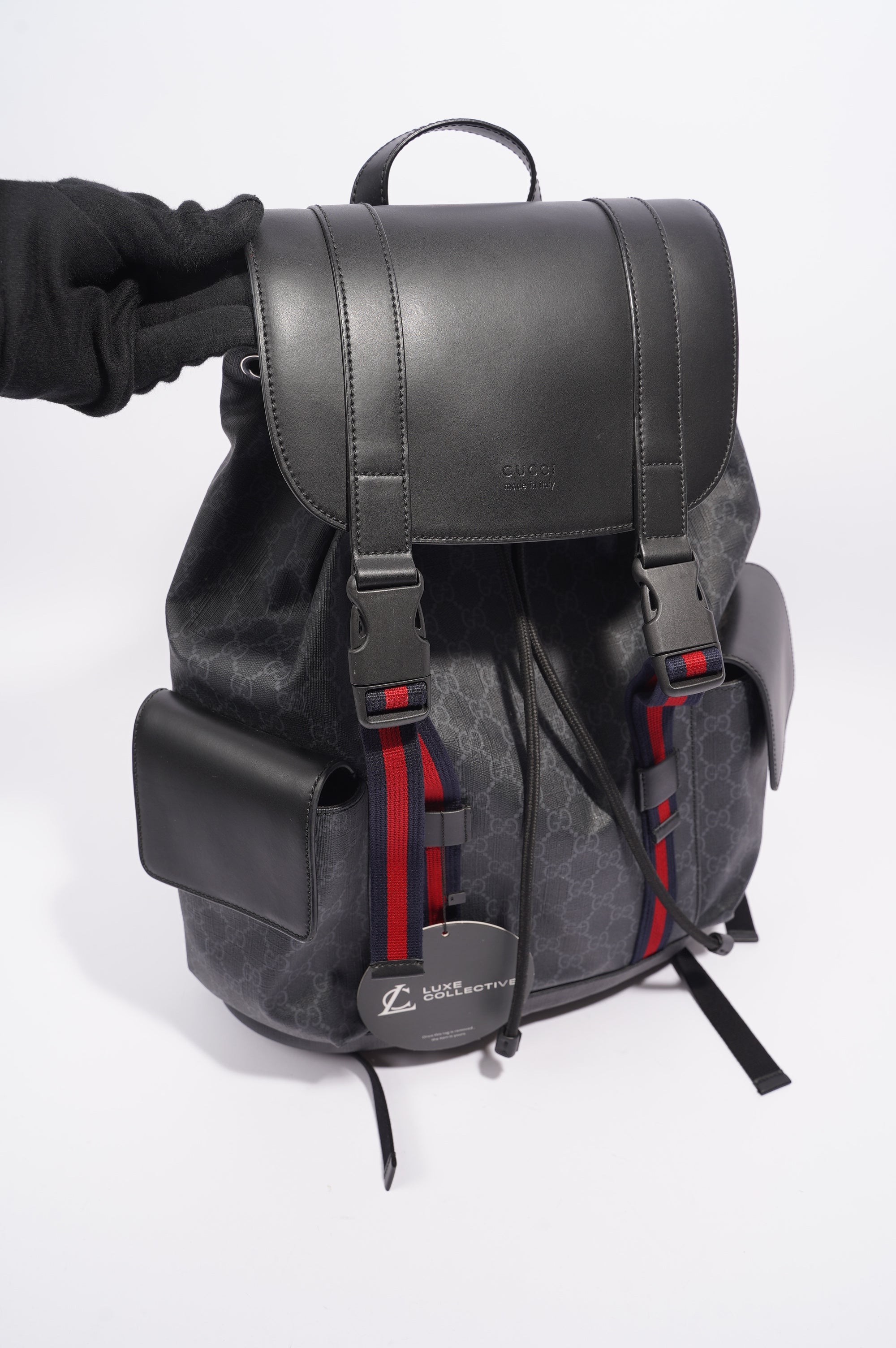 Gucci Mens GG Web Backpack Grey Canvas