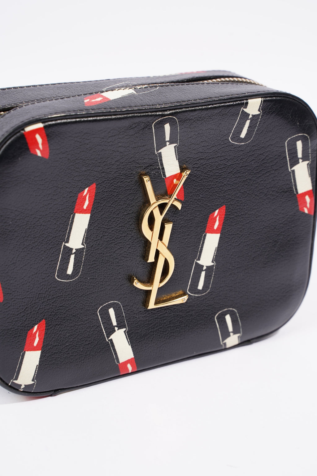 Saint Laurent Womens Lipstick Print Camera Bag Black Leather Small
