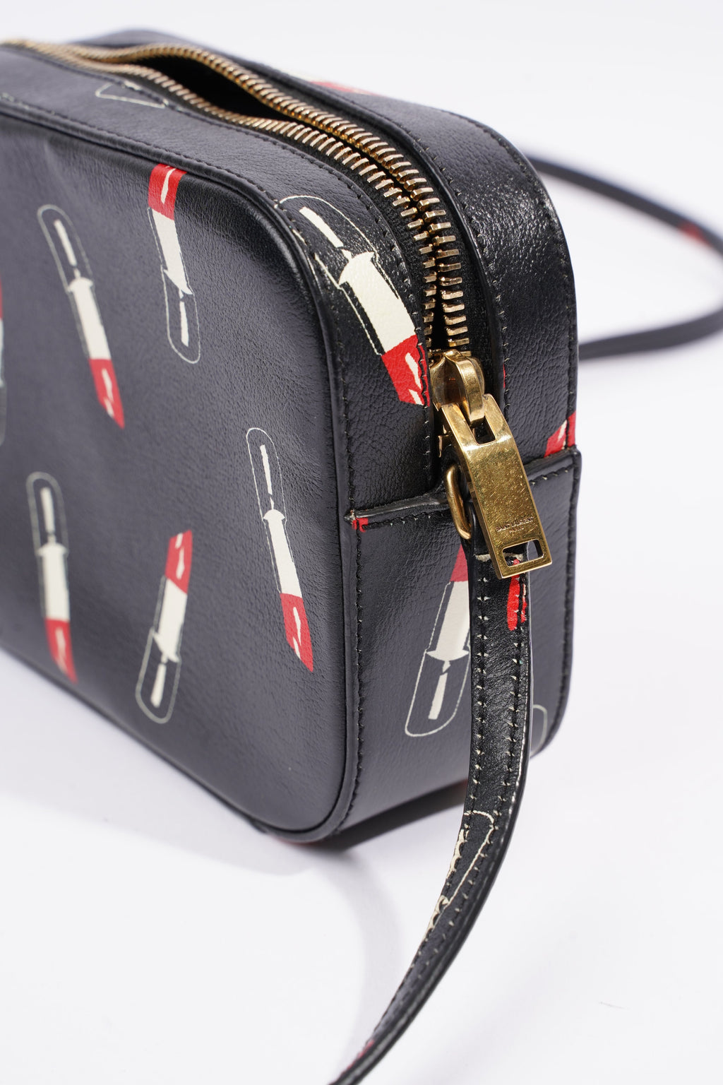 Saint Laurent Womens Lipstick Print Camera Bag Black Leather Small