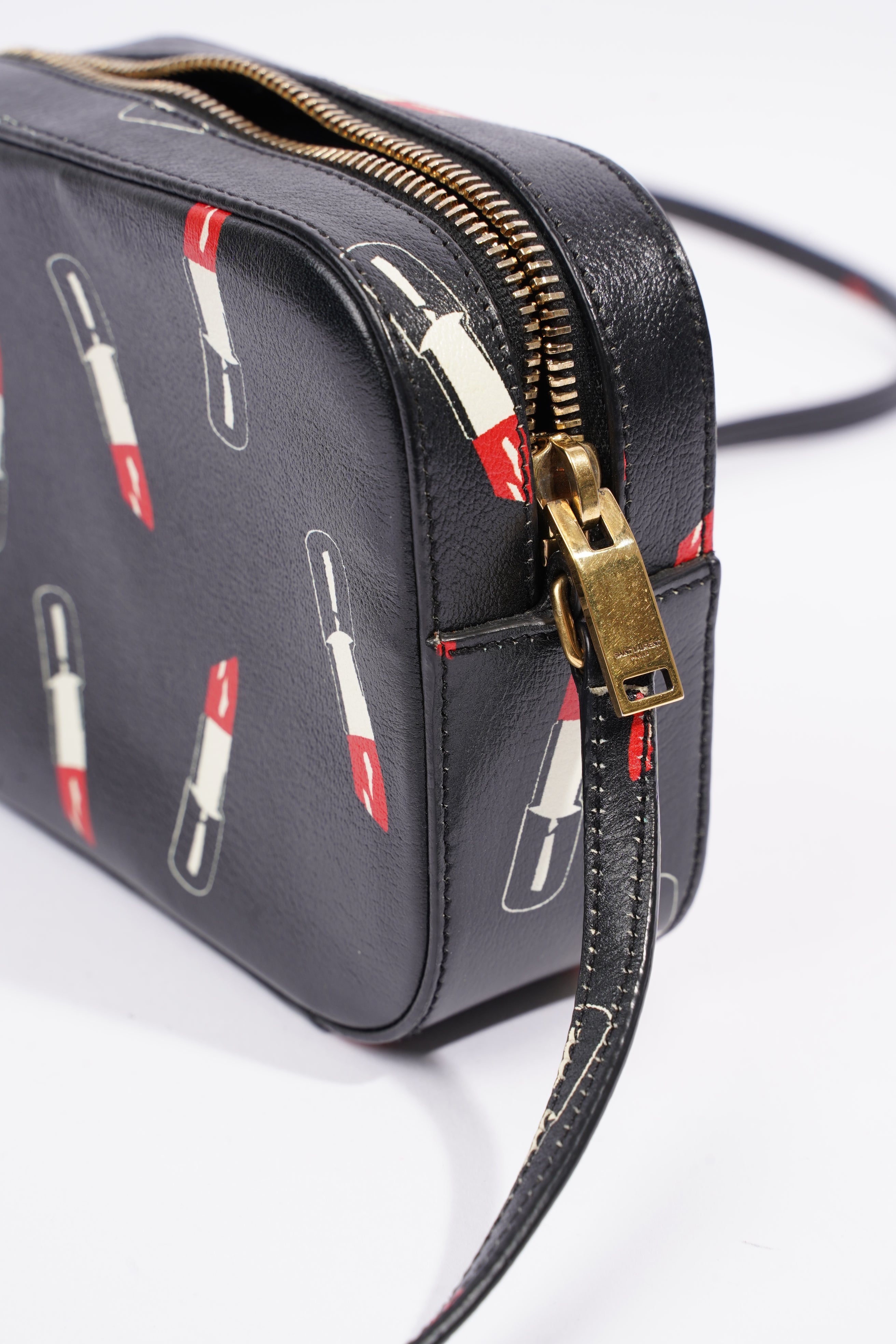 Saint Laurent Womens Lipstick Print Camera Bag Black Leather Small