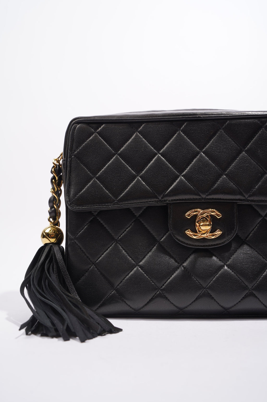 Chanel Womens Lambskin Evening Square Tassel Bag Black / Gold