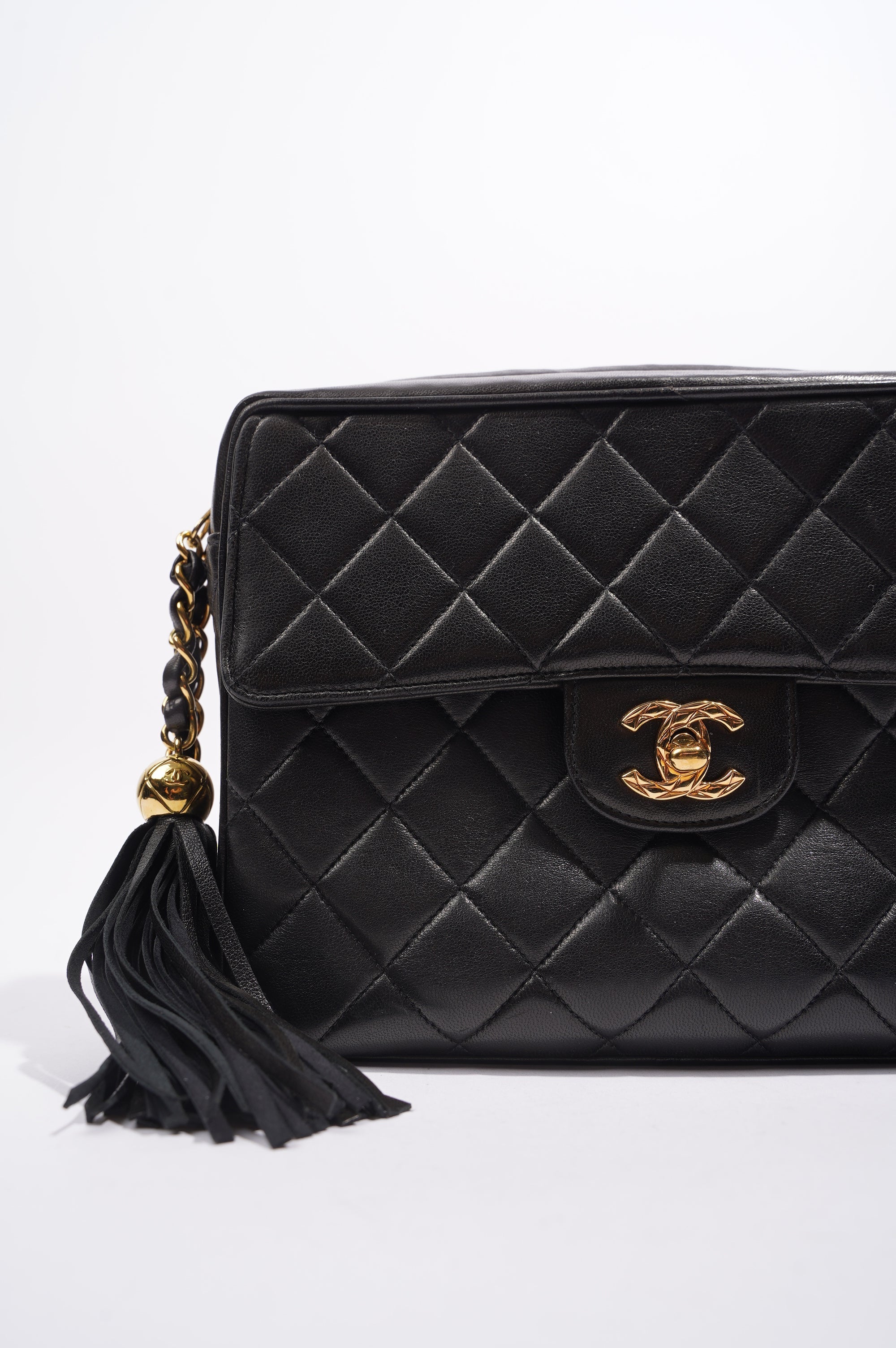 Chanel Womens Lambskin Evening Square Tassel Bag Black / Gold