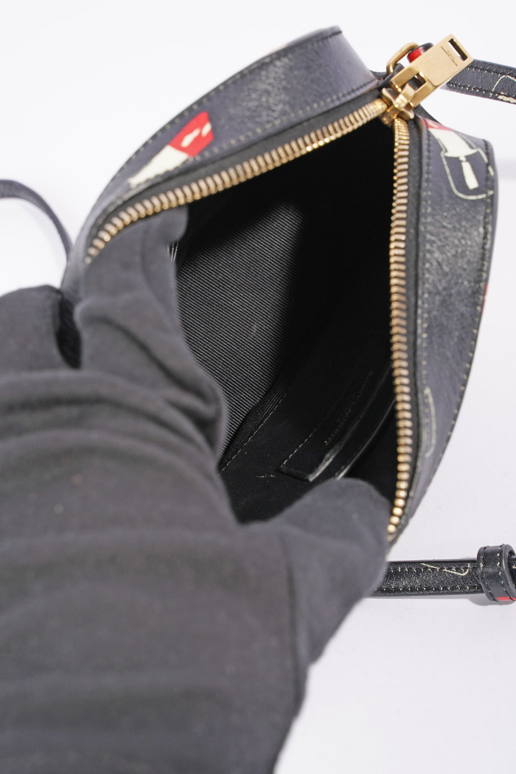 Saint Laurent Womens Lipstick Print Camera Bag Black Leather Small