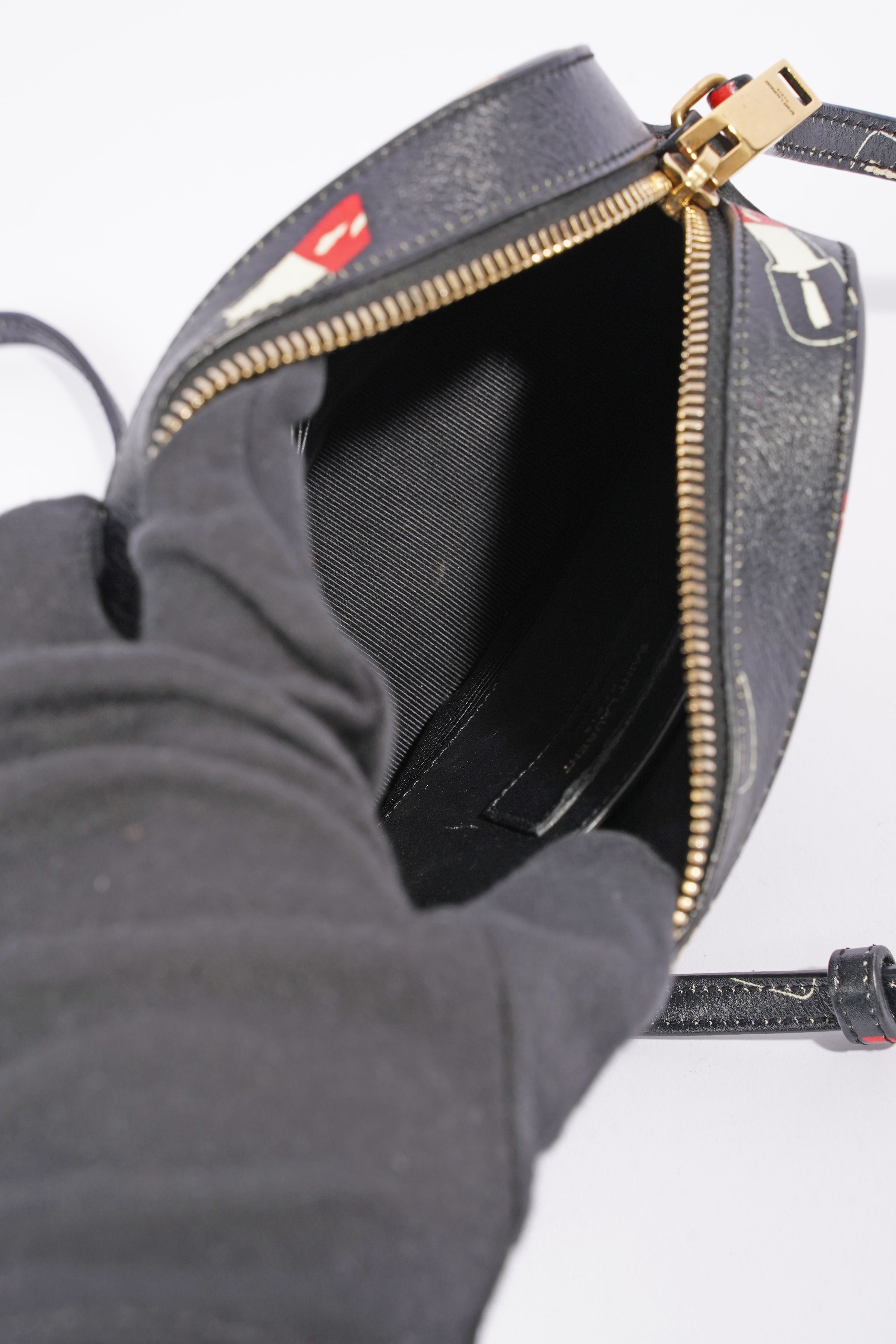 Saint Laurent Womens Lipstick Print Camera Bag Black Leather Small