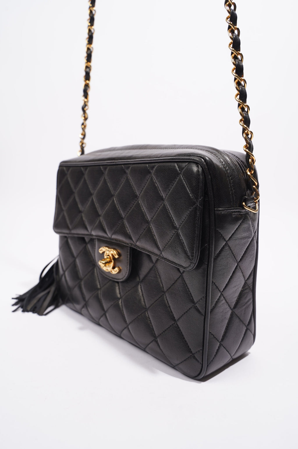 Chanel Womens Lambskin Evening Square Tassel Bag Black / Gold