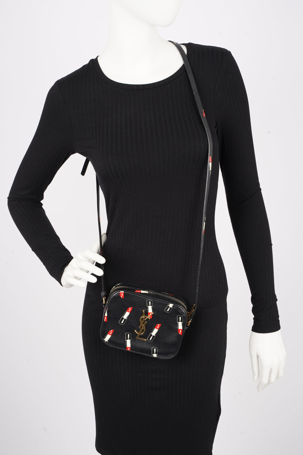 Saint Laurent Womens Lipstick Print Camera Bag Black Leather Small