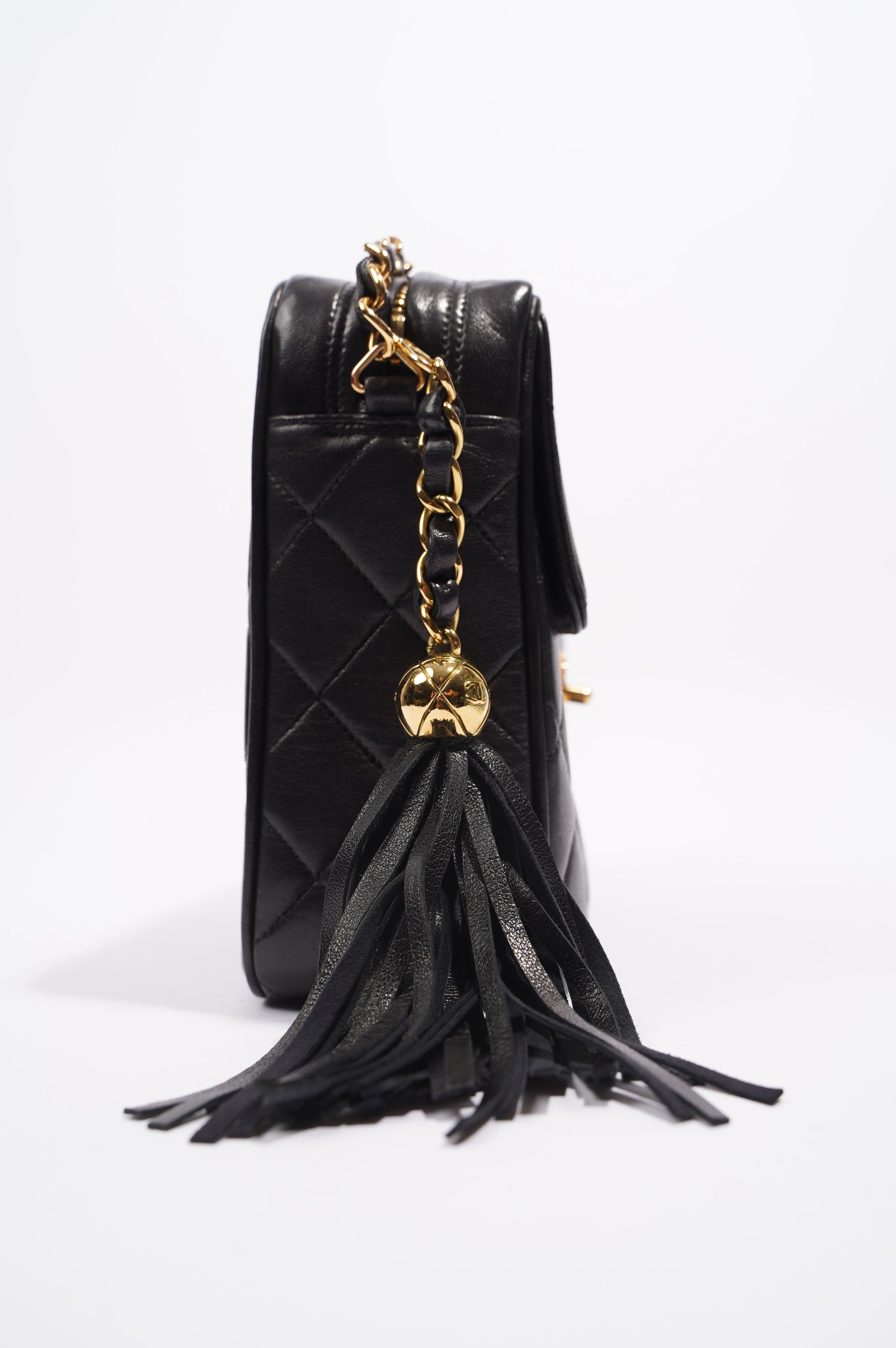 Chanel Womens Lambskin Evening Square Tassel Bag Black / Gold