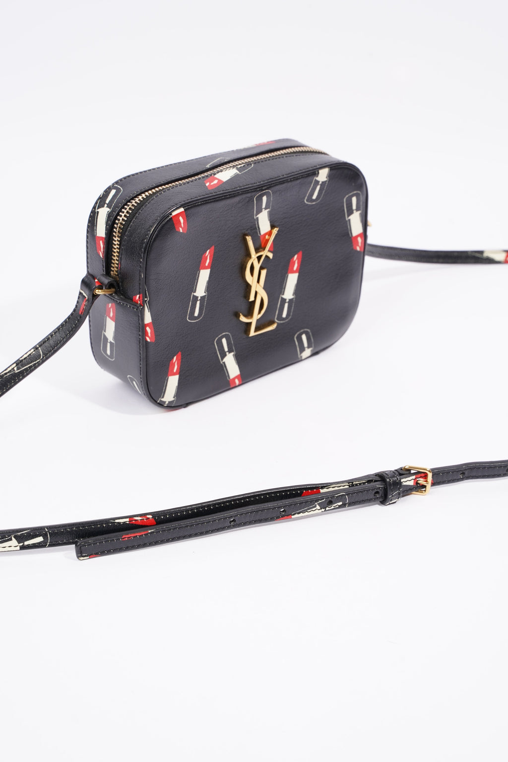 Saint Laurent Womens Lipstick Print Camera Bag Black Leather Small