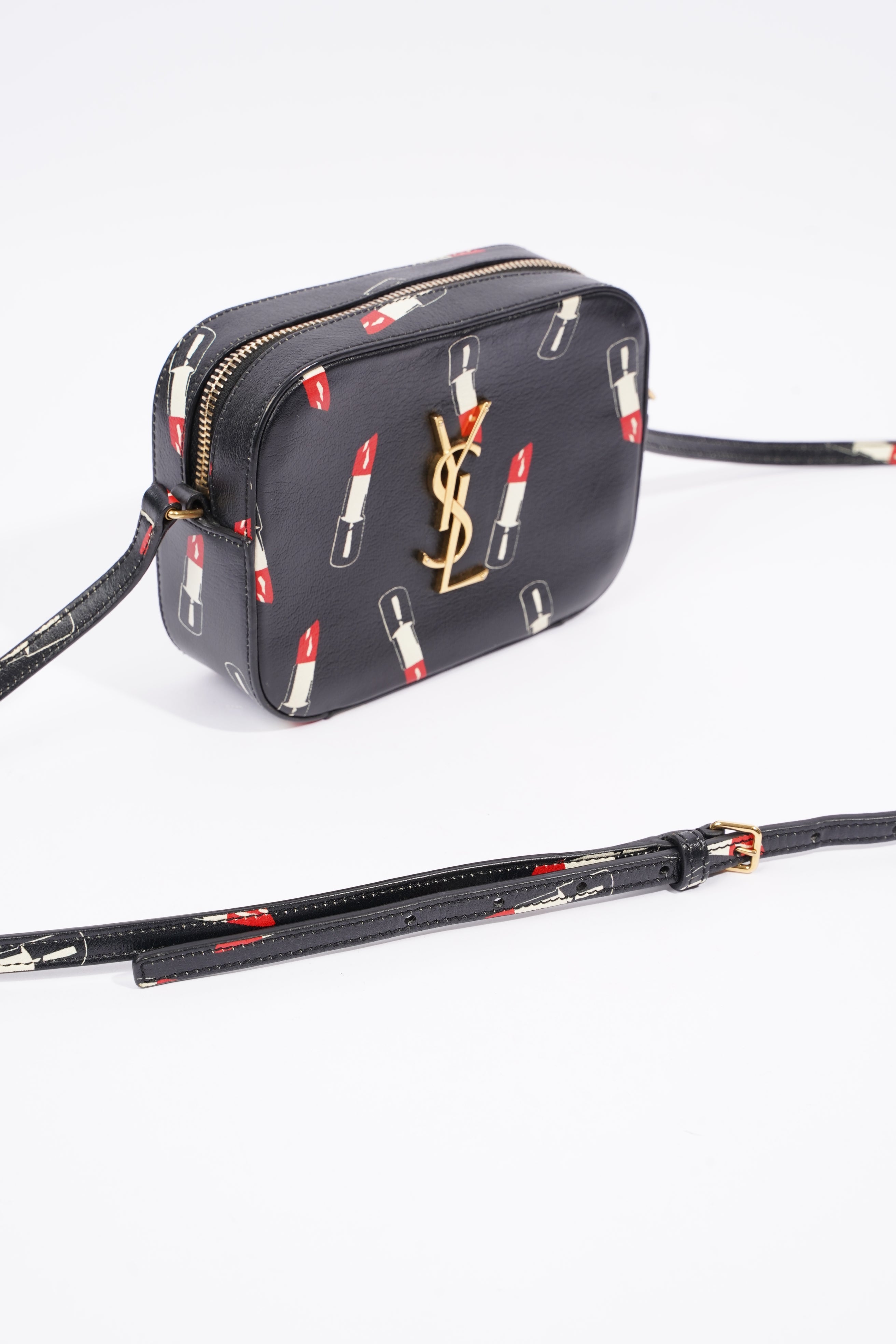 Saint Laurent Womens Lipstick Print Camera Bag Black Leather Small