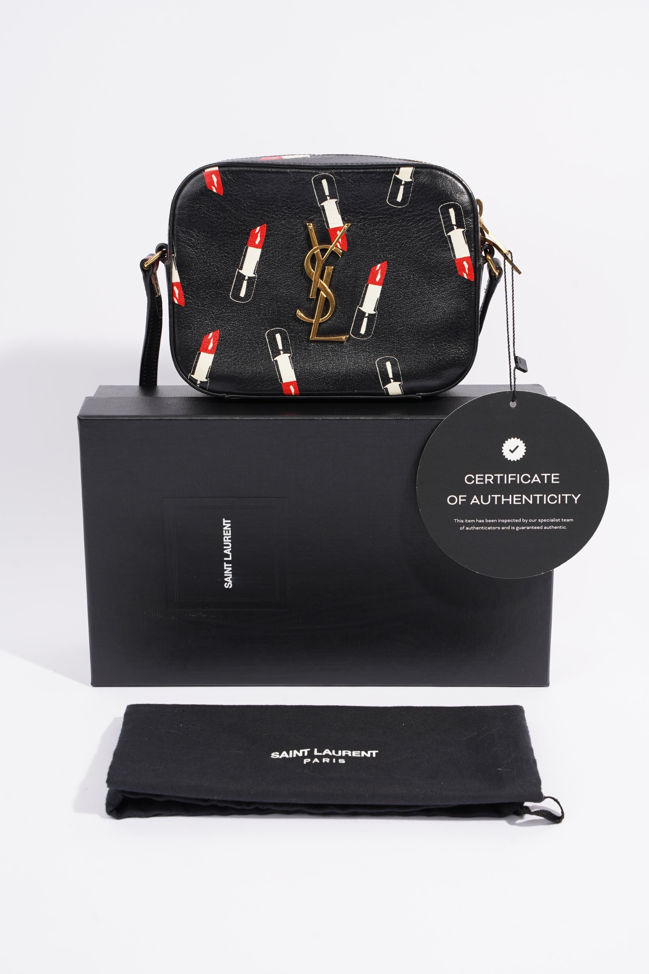 Saint Laurent Womens Lipstick Print Camera Bag Black Leather Small
