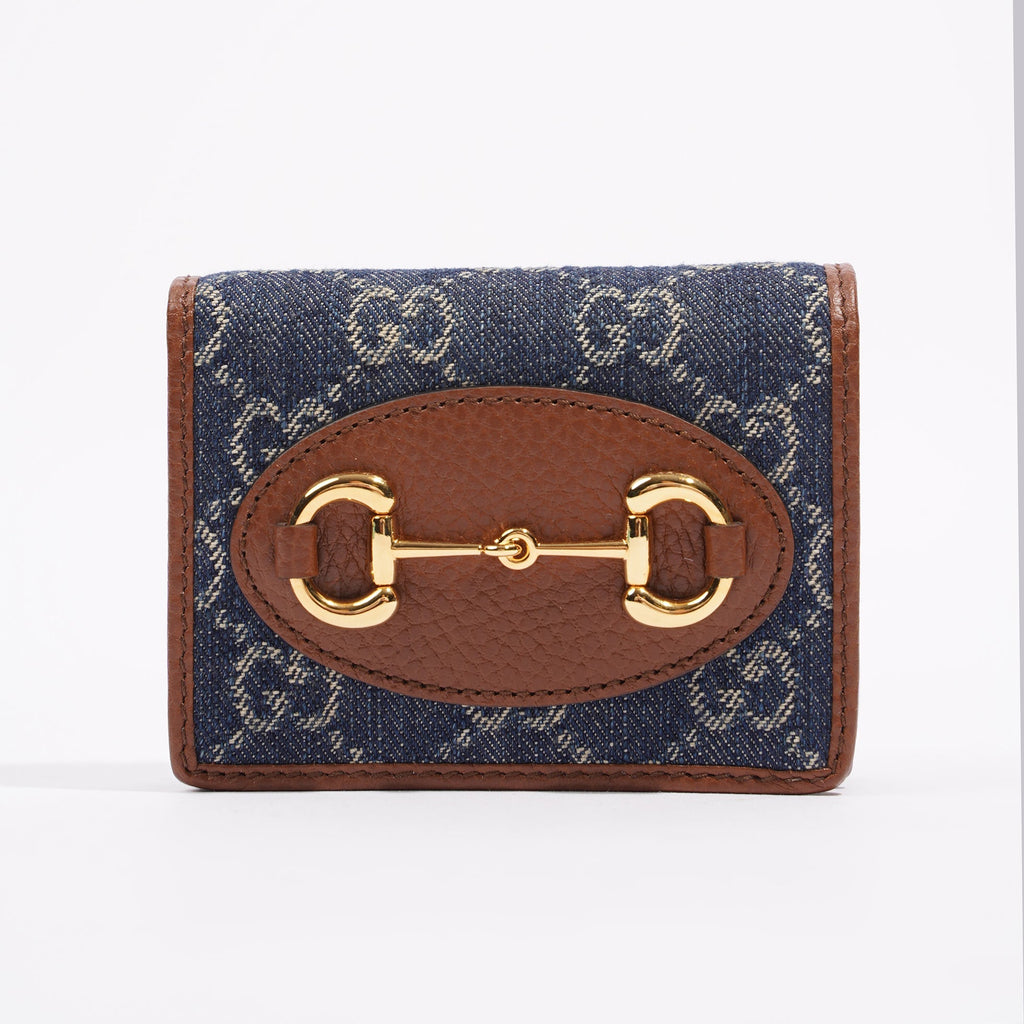 Gucci Womens Horsebit 1955 Card Case Wallet Denim / Brown