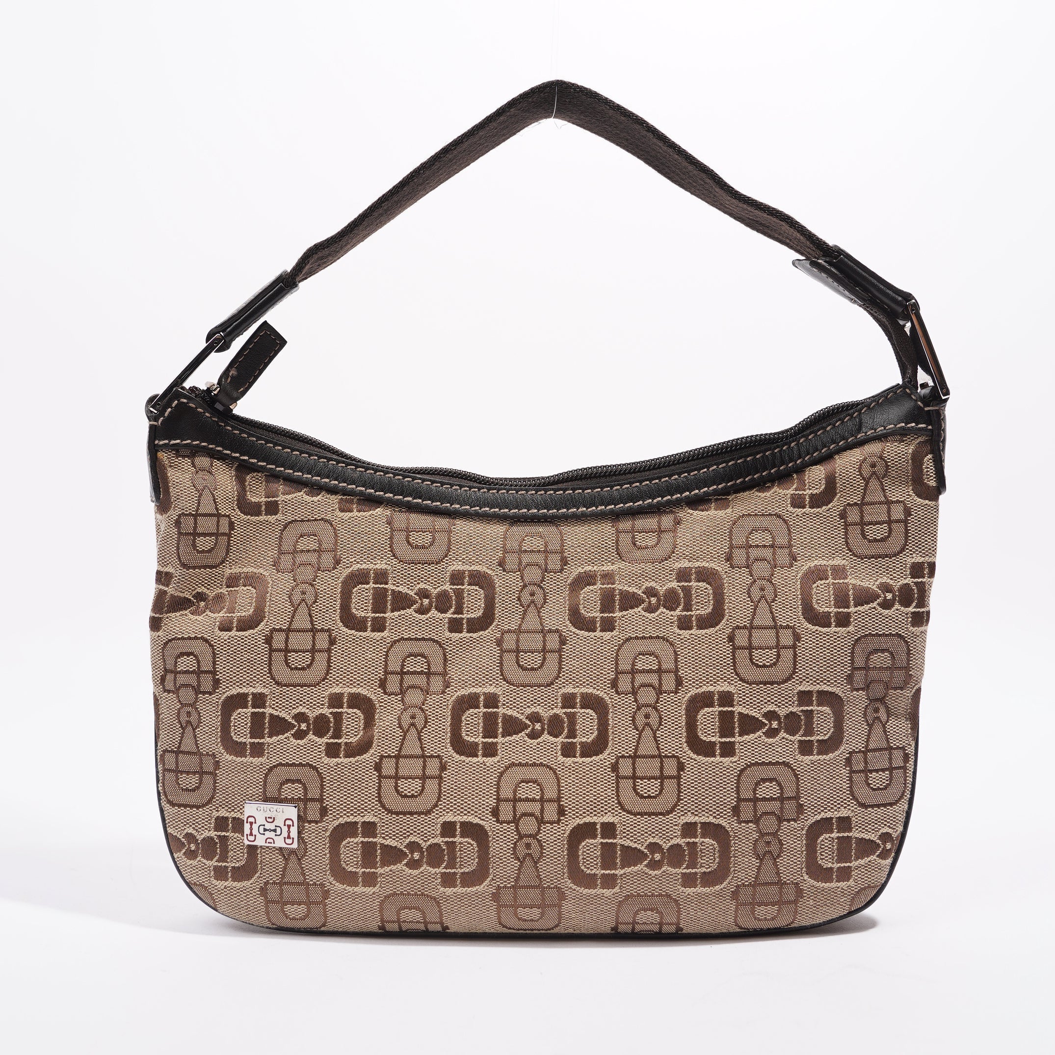 Gucci Womens Horsebit Canvas Shoulder Bag Brown Large