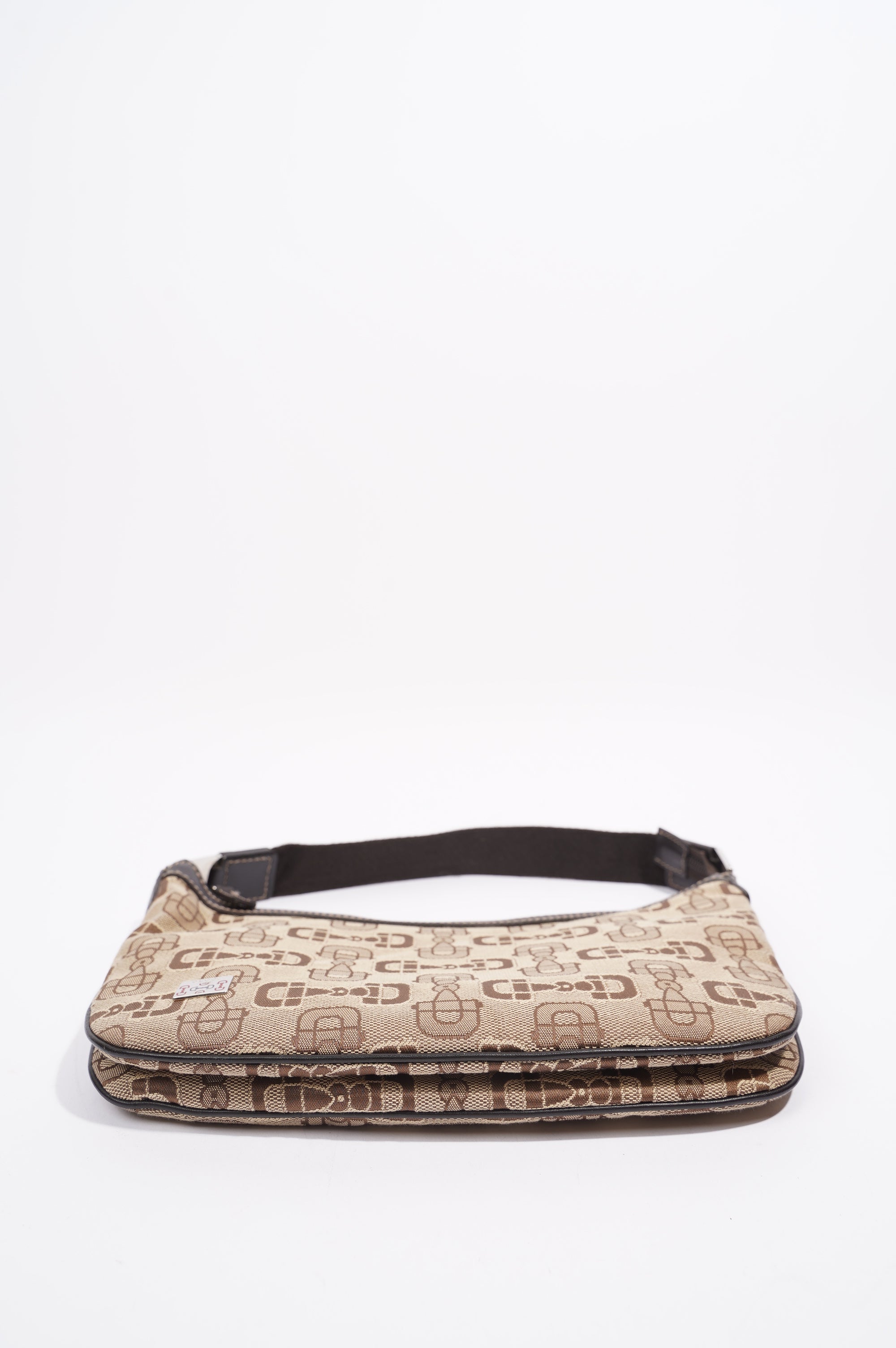 Gucci Womens Horsebit Canvas Shoulder Bag Brown Large
