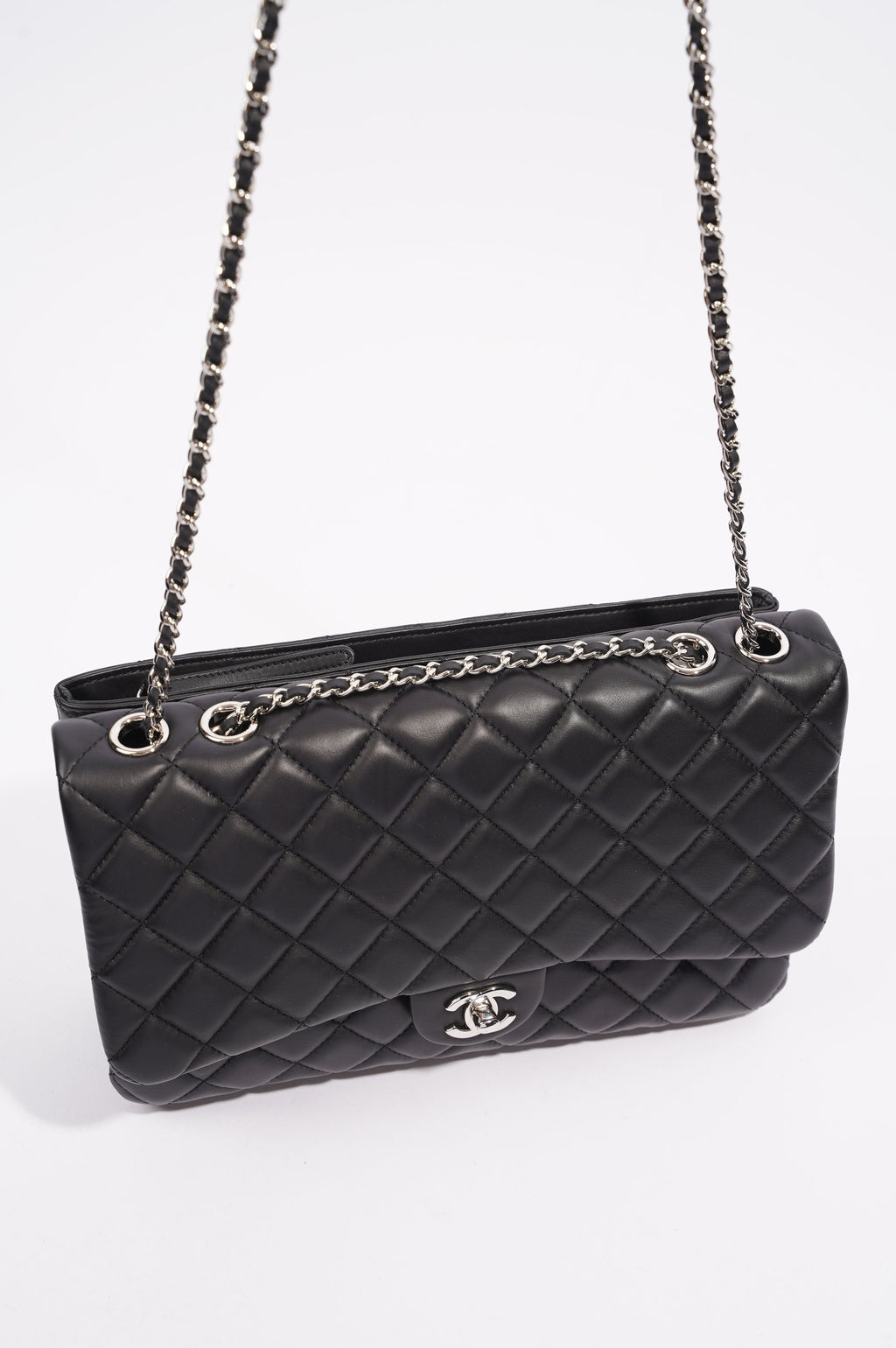 Chanel Womens Lambskin Quilted Flap Bag Black / Silver
